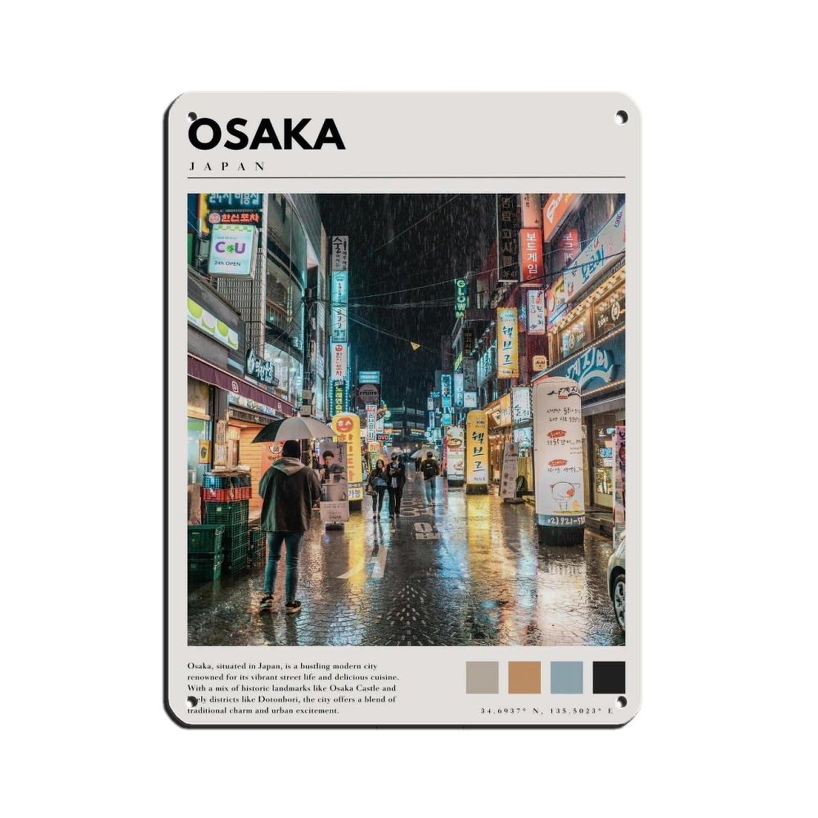 Osaka Japan Poster Osaka Neon City Art Tin Sign Vintage Metal Pub Club Cafe Bar Home Wall Art Decoration Poster Retro 12x16inch(30x40cm)