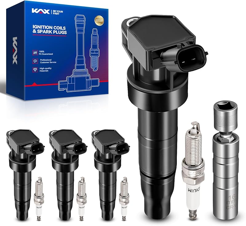 Kit de 4 bobinas de ignição e 4 velas KAX UF647 para Hyundai Sonata, Santa Fe Sport e Kia Optima, Sportage