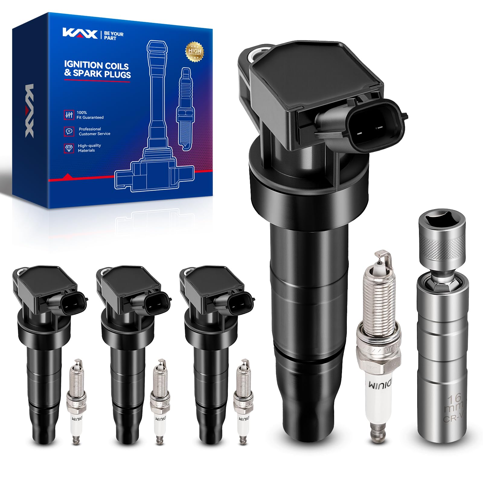 KAX 4 Ignition Coils &amp; 4 Spark Plugs Set for Santa Fe Sport, Optima, Sonata