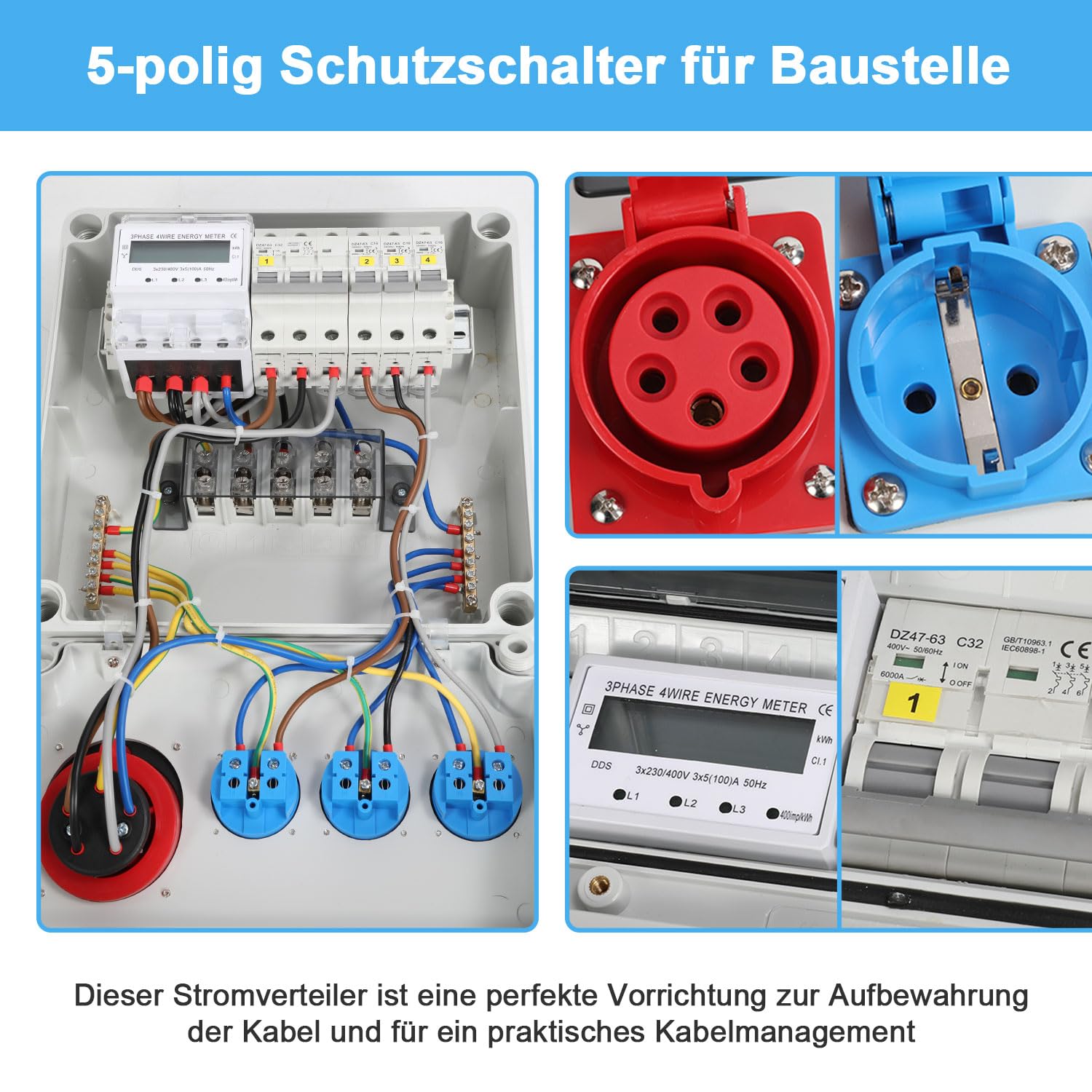 Distribuidor de pared, distribuidor de corriente para construcción, 3 x 16 A, 230 V, 1 x CEE+32 A, 5 pines con interruptor de protección MCB, distribución de corriente de 3 fases, IP44, con