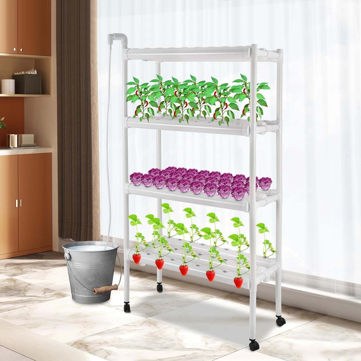 108 Plant Sites Hydroponic Grow Kit with Wheels, 4 Layers 12 Pipes Gardening System Grow Kit with Water Pump Timer for Vegetables, Flowers, Fruits, Herbs