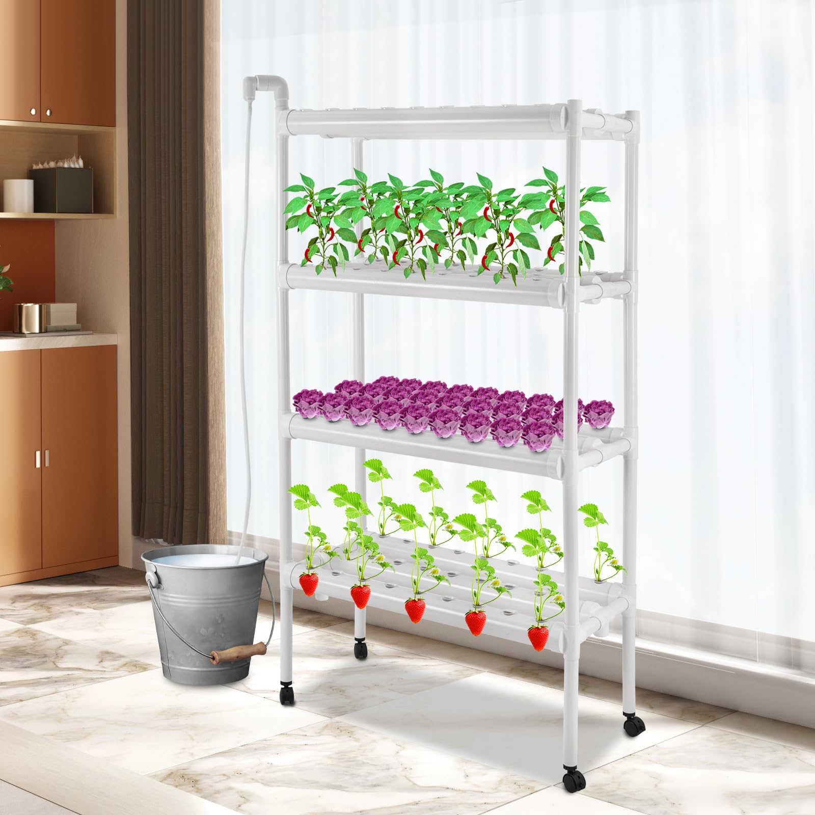 Tour hydroponique 108 places, tour hydroponique avec 4 étages et pompe à eau, Smart Garden Vertical Farming Tower pour l'intérieur et le balcon, kit hydroponique complet pour herbes, salade