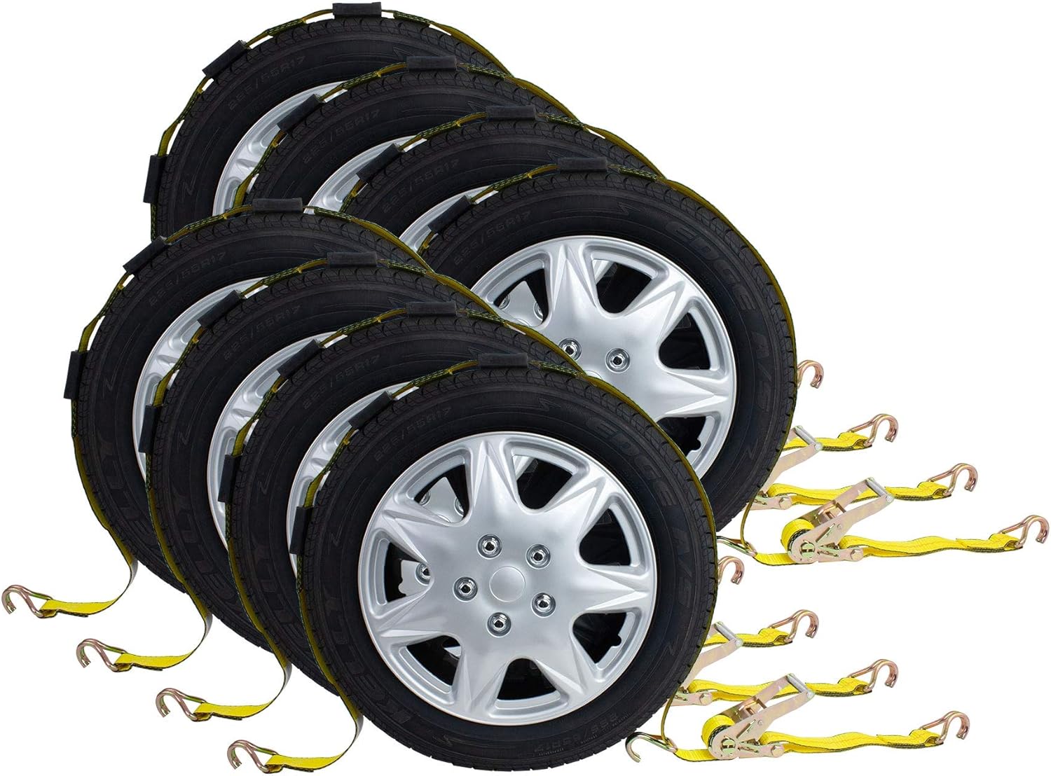 Mytee Products (8 Pack) 2" x 10' Over The Tire Car Hauler Ratchet Straps with Wire J Hooks and Rubber Blocks - Car Tie Down Wheel Straps Truck Trailer Auto Tie Down