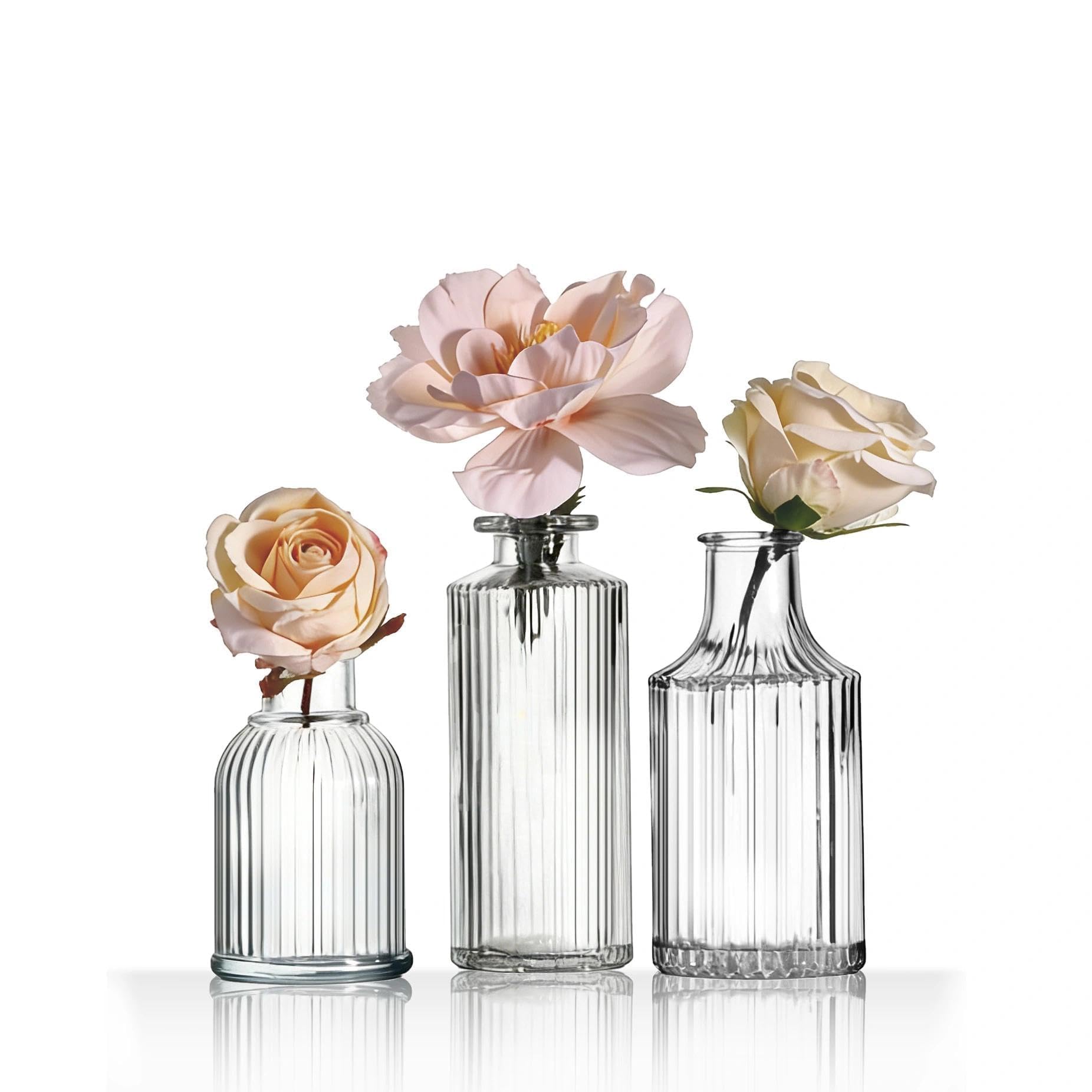 Sawoake Small Vases, Pack of 3 Glass Vases for Table Decoration, Mini Vases, Glass Bottles for Home, Weddings, Birthdays, Festivals (Transparent Vertical)