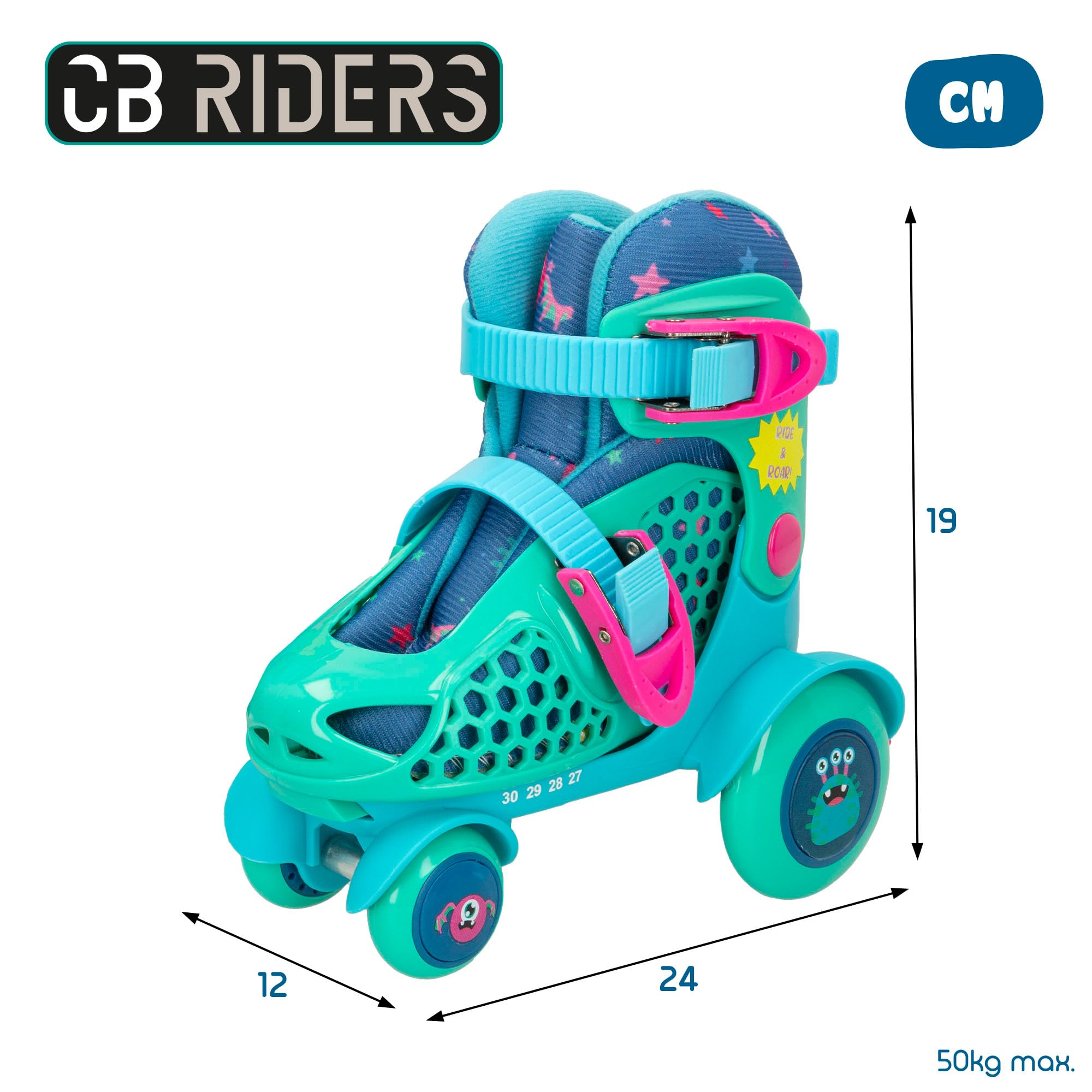 COLORBABY CB Riders, Patines en línea Infantiles, 4 Ruedas, Ajustables, Talla 27-30, Diseño Monstruos, Ajuste Seguro y cómodo, Freno Trasero de Seguridad, Optimos para Principiantes, 3 años (47551)