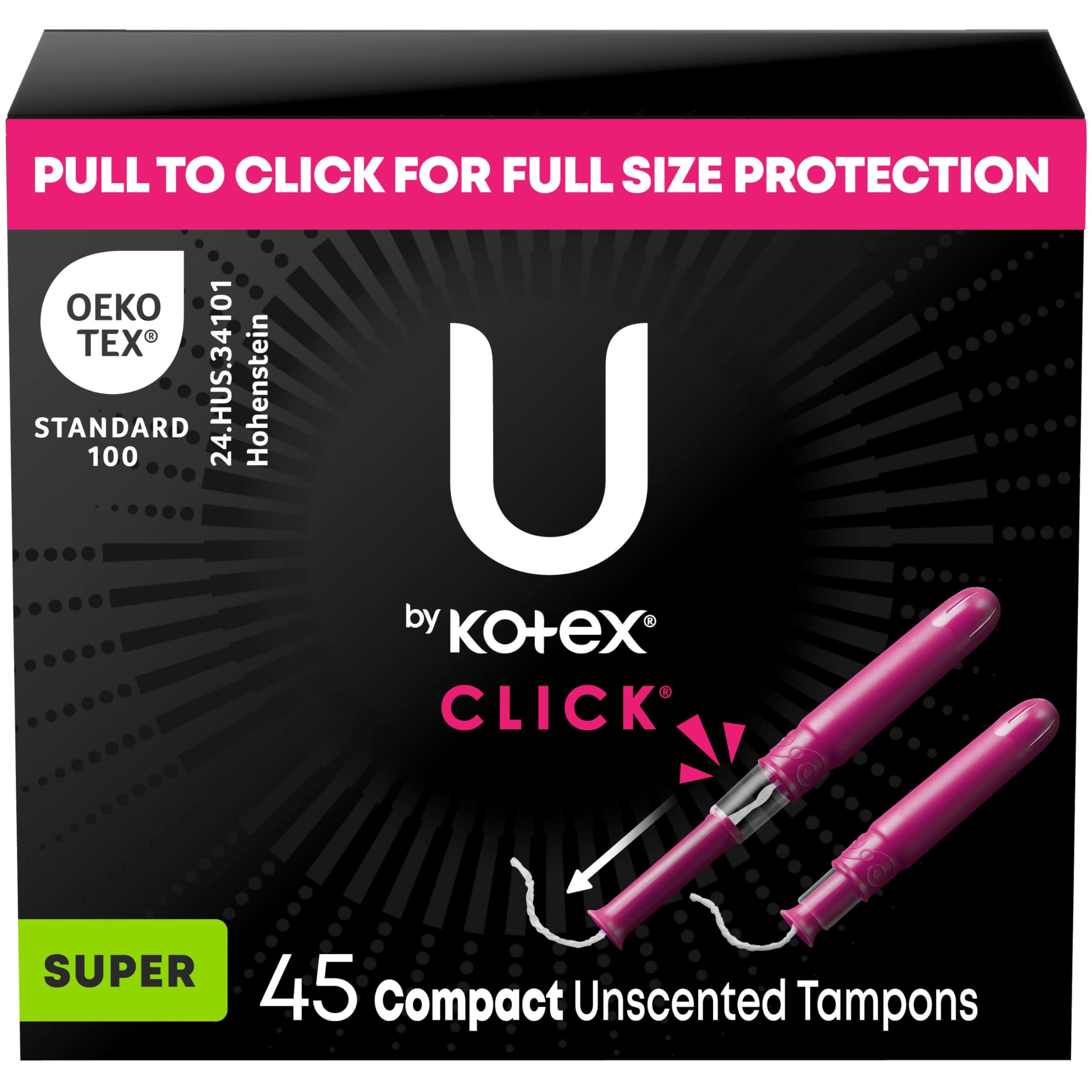 U by Kotex Click Compact Tampons, Super Absorbency, Unscented, 45 Count (Packaging May Vary)