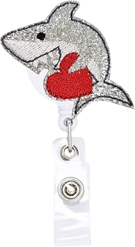 Valentines Day Badge Reel, Shark with Heart Retractable Nurse Badge Holder, 24in Nylon Cord, Silver & Red