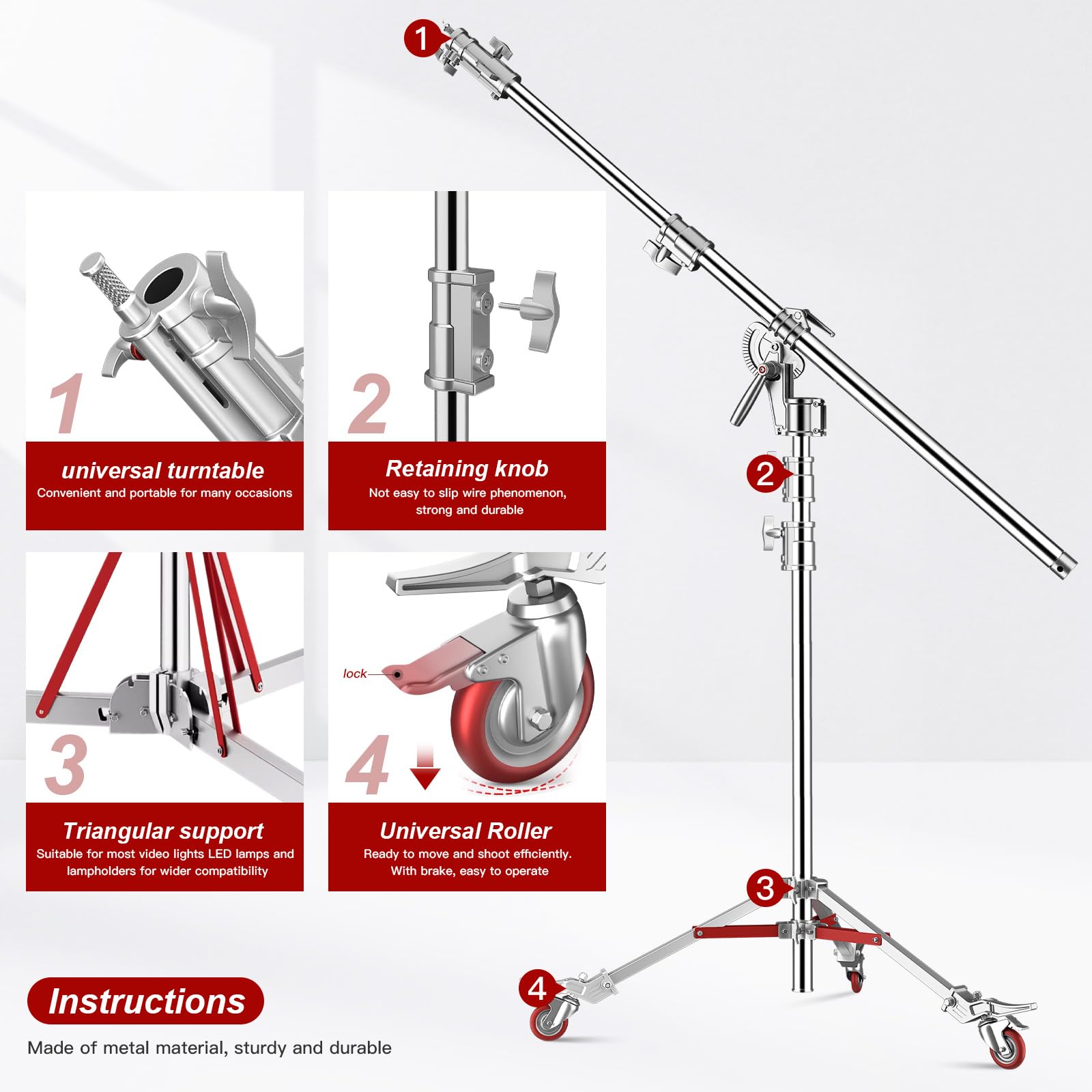Soonpho Pro 100% Edelstahl Lichtstativ C Stand mit Rollen und Galgen,Metal Heavy C-Stand Schwerlast max. Höhe 450 cm (14,76 Fuß) Gefaltete Höhe 157 cm (15,1 Fuß) für Reflektoren,Monolichter