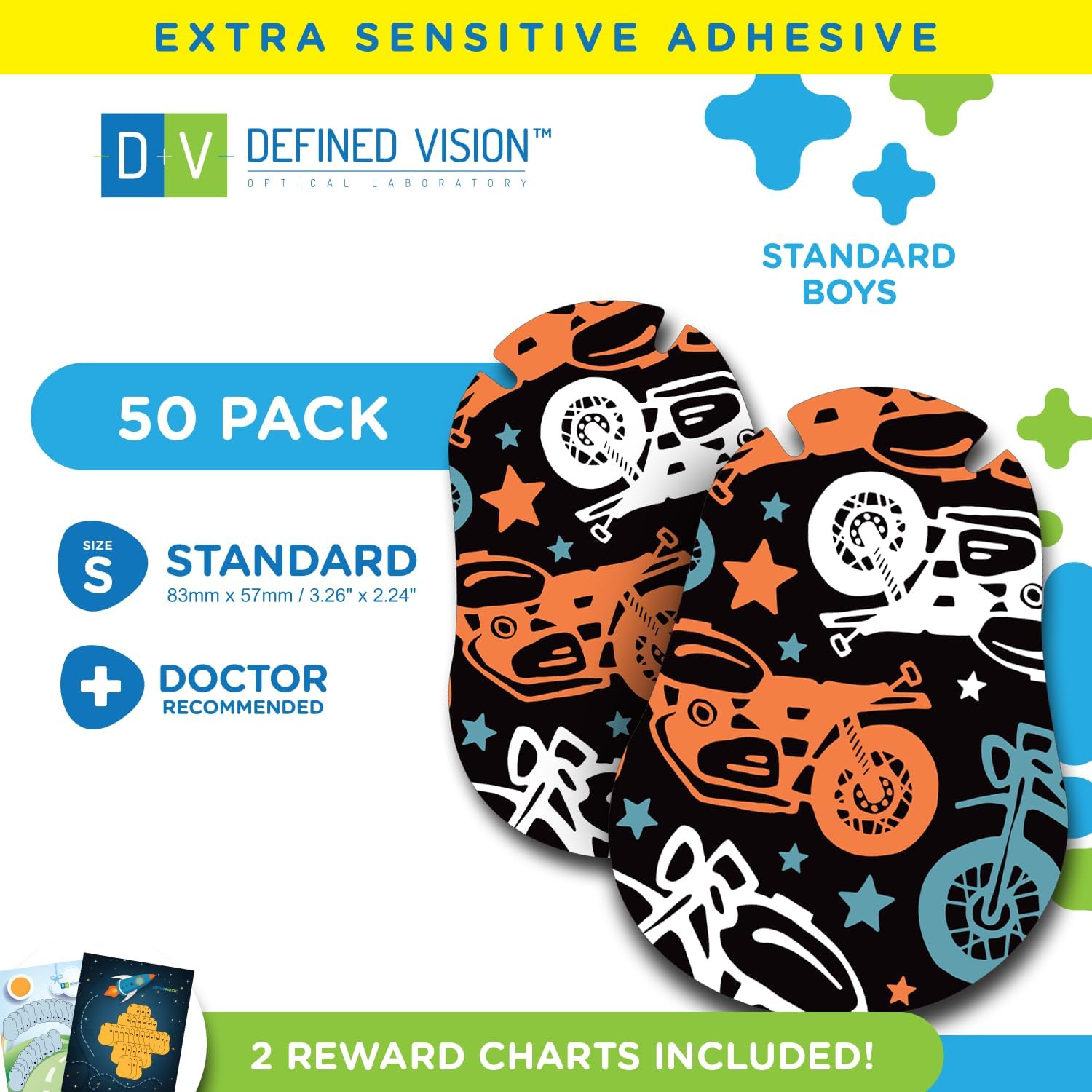 Opthopatch Eye Patches for Kids – 50 Hypoallergenic Standard Adhesive Patches for Lazy Eye & Amblyopia Treatment | Single Design Pack + 2 Reward Charts (Motorbike)