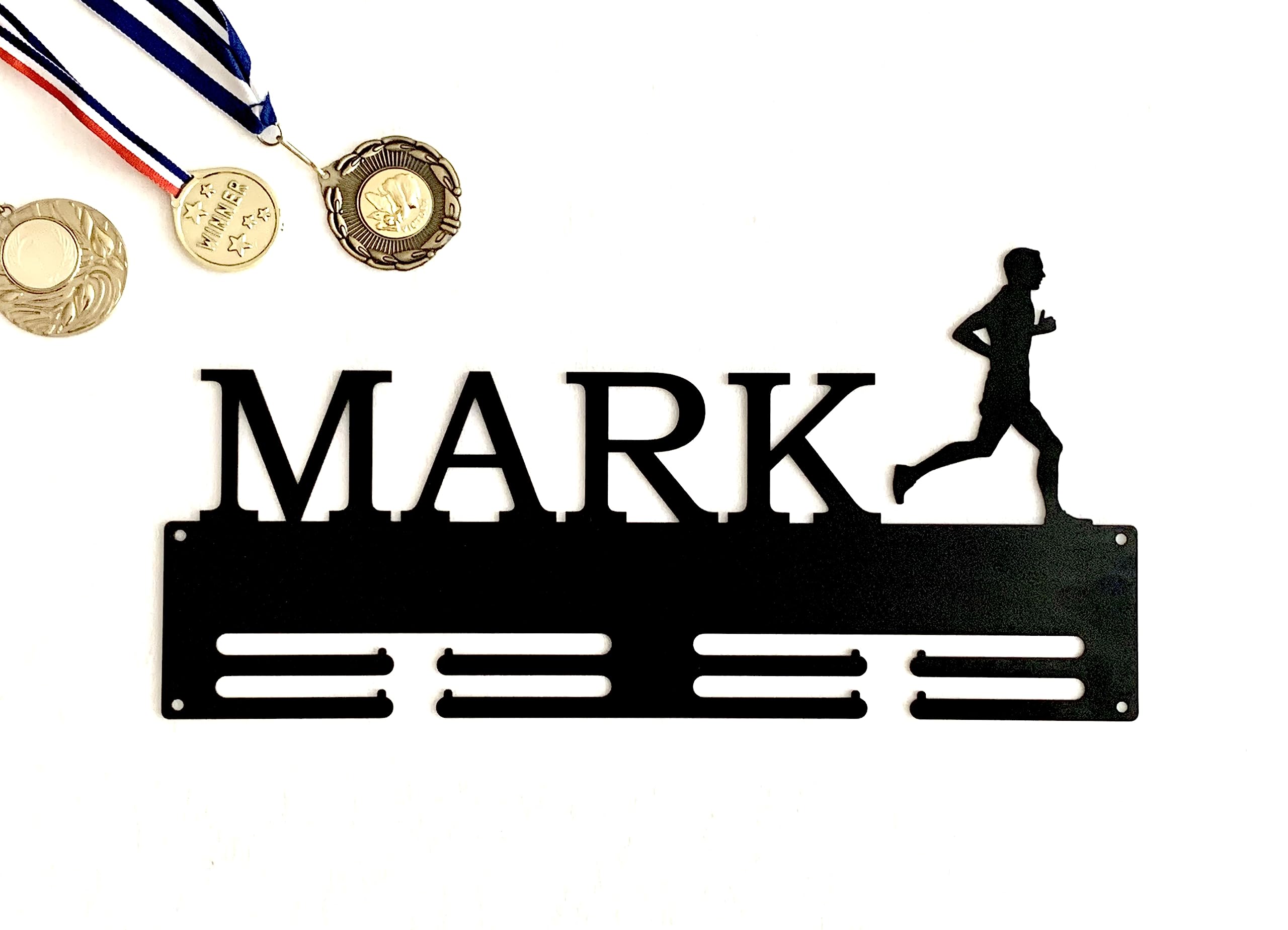 FranJohnsonHouse Personalised Running Metal Medal Holder, Gift for Runners, Men, Male Silhouette, Custom Name Sports Medal Hanger, Ribbon Holder, Medal Rack Display for Awards, Any Color (Design 2)