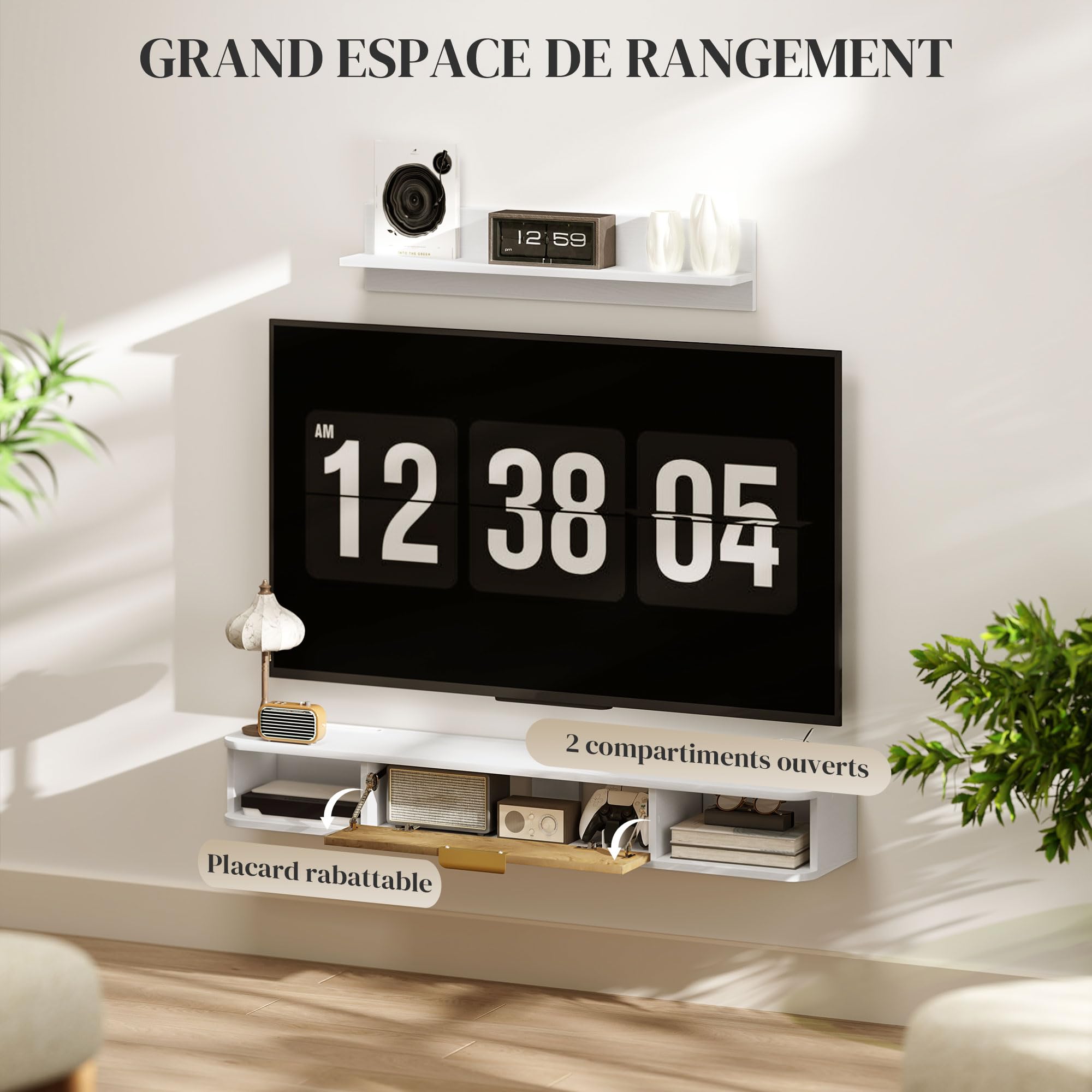 HOMCOM Ensemble Meuble TV Suspendu Passe-Câbles 120 x 24 x 16 cm Blanc