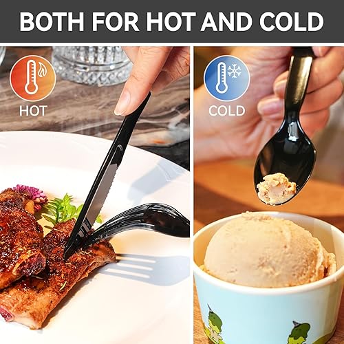 Miniatura 3 de POSATE Cucharas de plástico pesadas, color negro, paquete de 100, utensilios desechables para suministros de fiesta