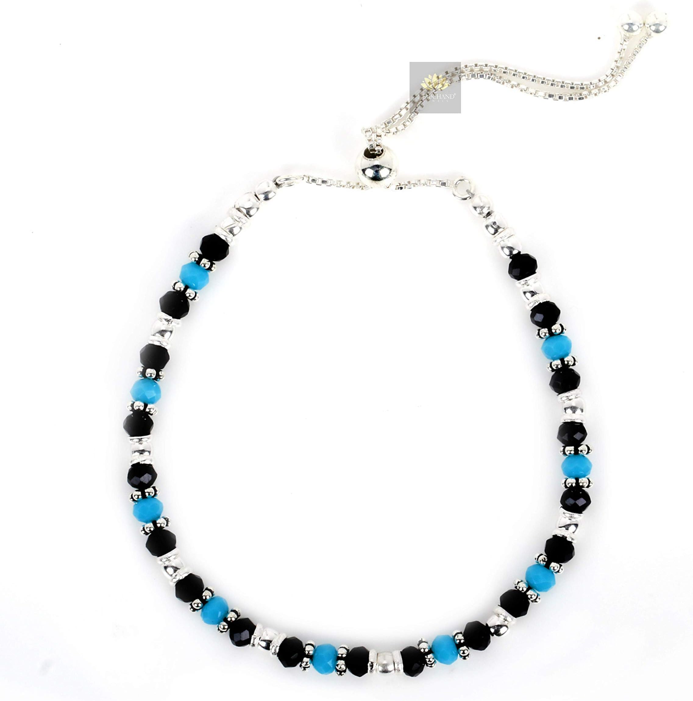 NEMICHAND JEWELS Pure 925 Sterling Silver Nazariya Blue Black Crystal Slider Adjustable Nazariya Bracelet for Women and Girls