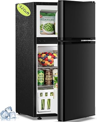 Antarctic Star 3.2 Cu.Ft 2-Door Mini Refrigerator with Freezer, Adjustable Thermostat & Removable Shelves for Bedroom, Office, Dorm and Apartment Black