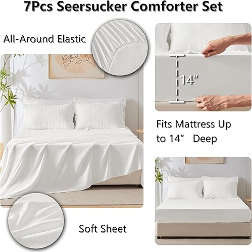 Miniatura 5 de CozyLux Juego de edredón de sirsaca tamaño California King con sábanas, ropa de cama blanca en una bolsa, 7 piezas, juegos de ropa de cama tamaño