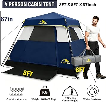 3/4 Person Camping Tent with 1 Door, 4 Windows, and Upgraded Ventilation Instant Setup, Waterproof, 8'x 8'x 67''Oxford Fabric Floor Pop Up in 60 Seconds Includes Rainfly and Backpack | 4 large windows,great airflow, 67in spacious tall headroom. Tent, floor & carrybag feature full Oxfordfabric construction
