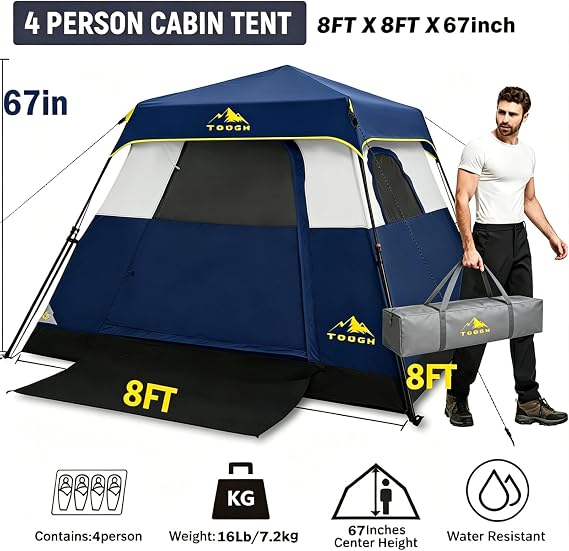 3/4 Person Camping Tent with 1 Door, 4 Windows, and Upgraded Ventilation Instant Setup, Waterproof, 8'x 8'x 67''Oxford Fabric Floor Pop Up in 60 Seconds Includes Rainfly and Backpack | 4 large windows,great airflow, 67in spacious tall headroom. Tent, floor & carrybag feature full Oxfordfabric construction