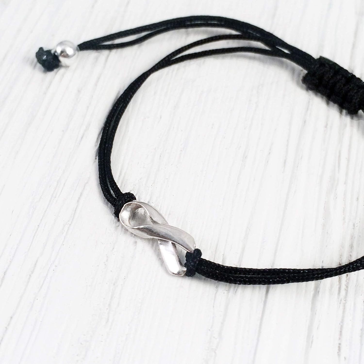 Black Thread Friendship Support Bracelet, Small Handmade Sterling Silver Ribbon Shaped Charm. Aware for Skin Cancer Melanoma, UV Safety, Sleep Apnea, Mourning, POW MIA. Adjustable - Image 4