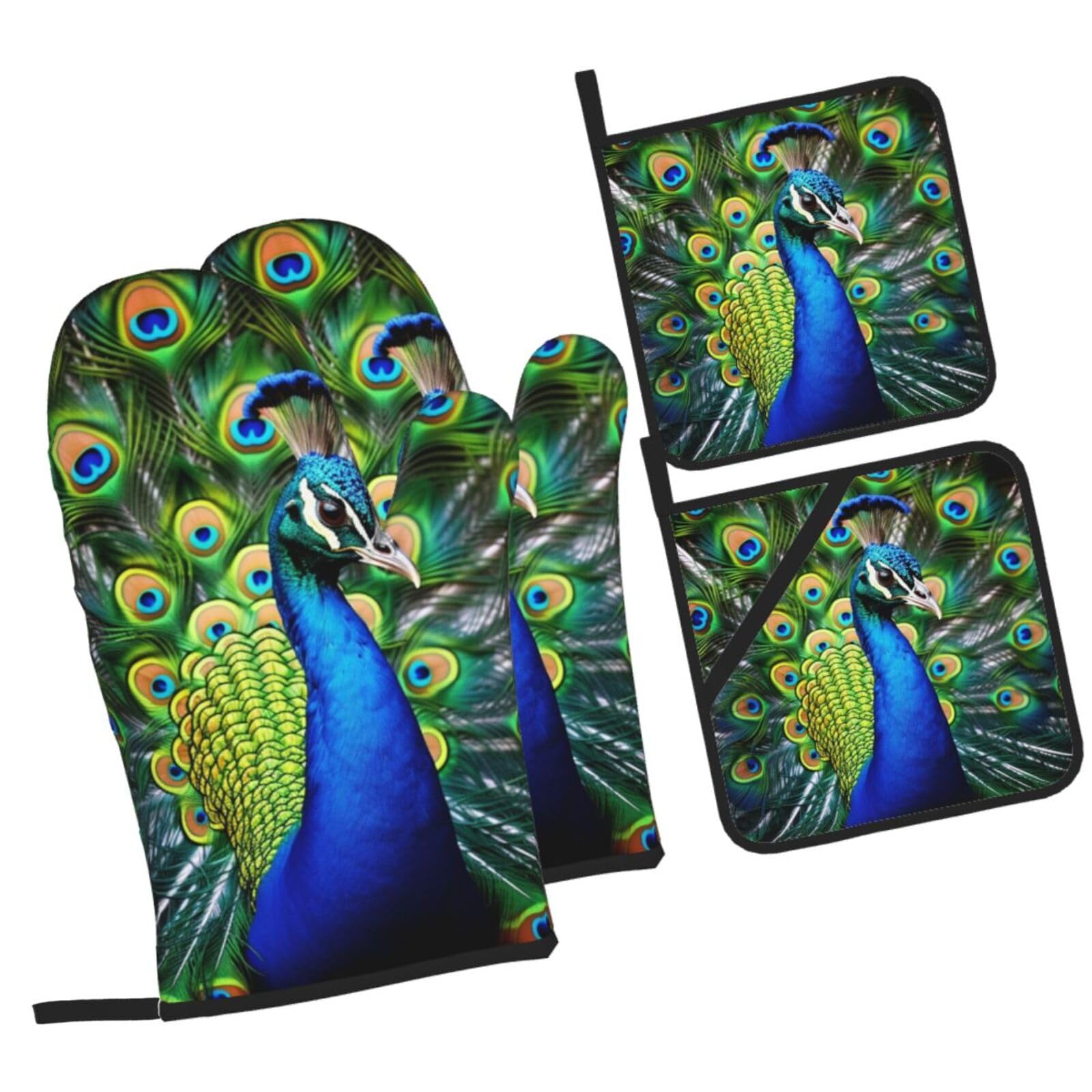 Ofenhandschuhe und Topflappen, Motiv: blauer Pfau, hitzebeständige Ofenhandschuhe, Topflappen-Set, extra lang, rutschfest, Küchenhandschuhe zum Kochen, Backen, Grillen, 4 Stück Home & Kitchen