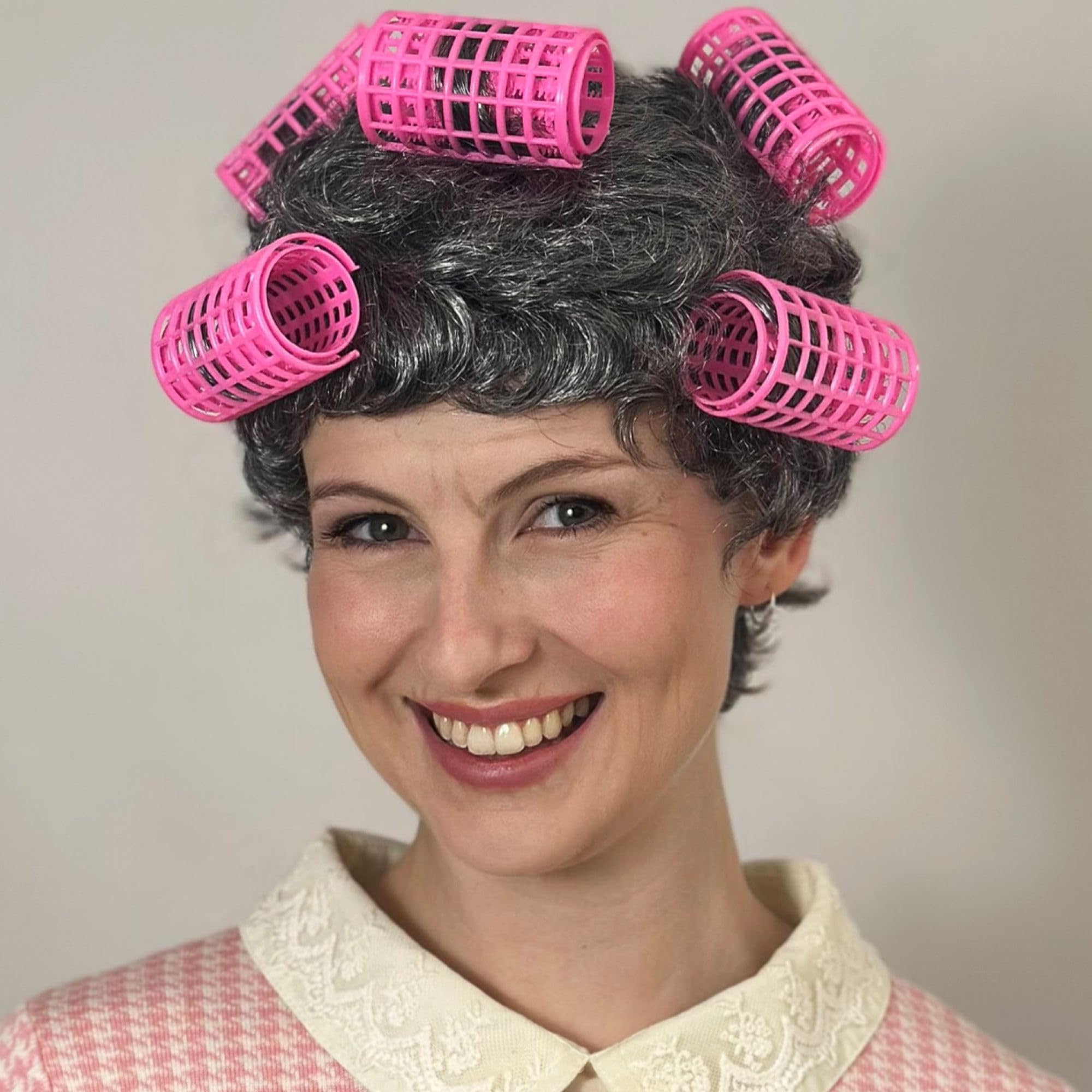 ALLAURA Retro Grey Housewife Wig with Curlers, Adult Old Lady Costume Hairpiece, MatteSilk Synthetic Fiber - Image 2