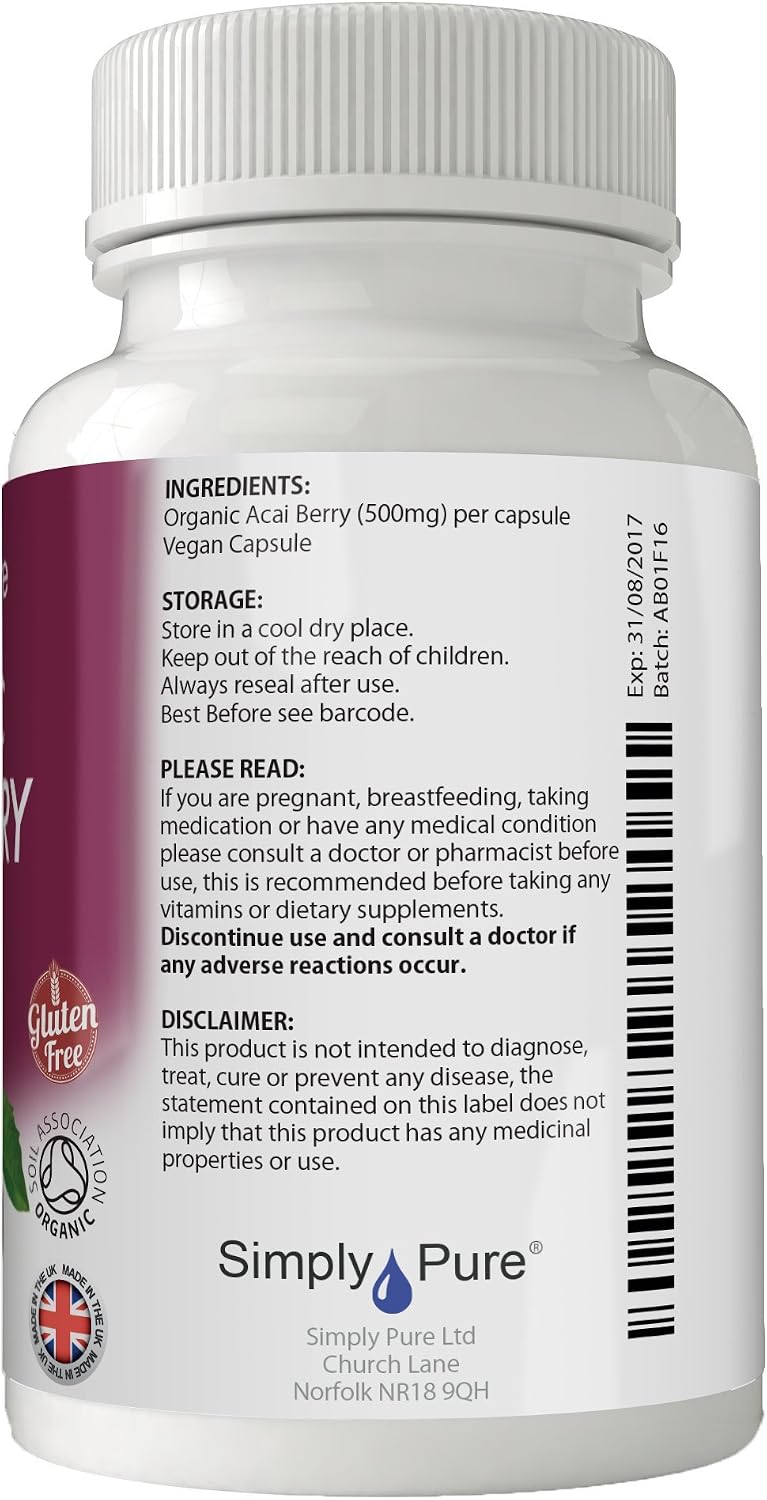 Simply Pure Organic Acai Berry Capsules x 90, 100% Natural Soil Association Certified, 500mg, Gluten Free, GM Free and Vegan. - Image 4