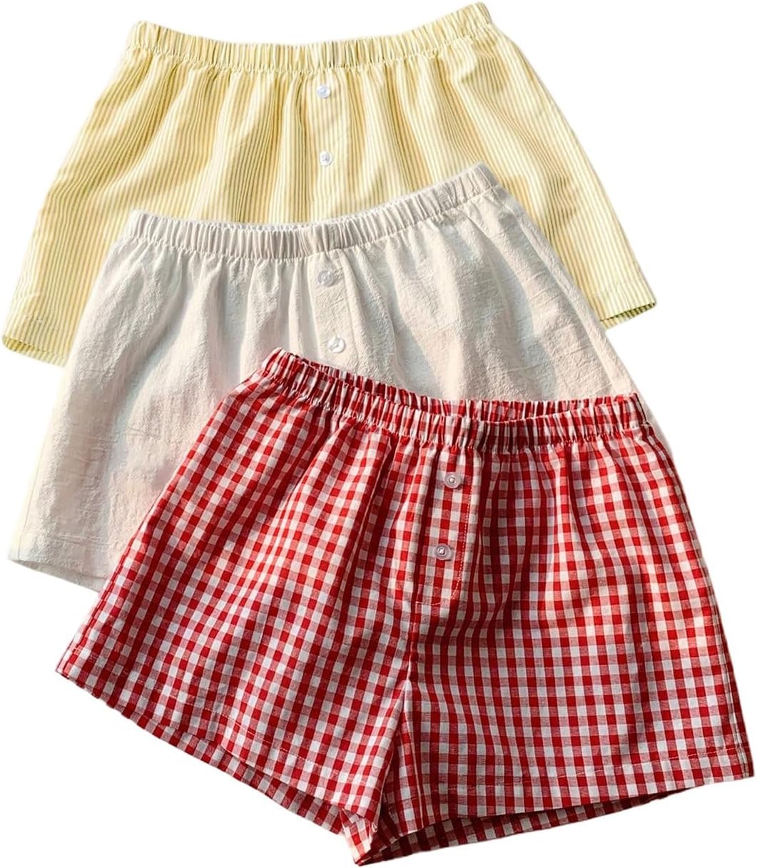 MakeMeChic Women's 3 Pack Linen Shorts Plaid Gingham Striped Summer Beach Boxer Shorts