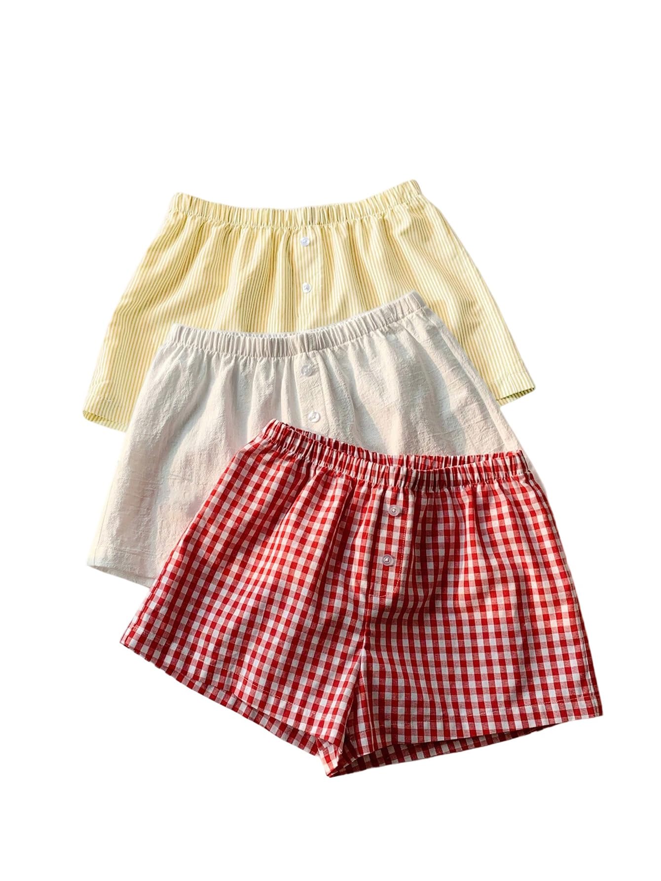 MakeMeChic Women's 3 Pack Linen Shorts Gingham Striped Beach Shorts