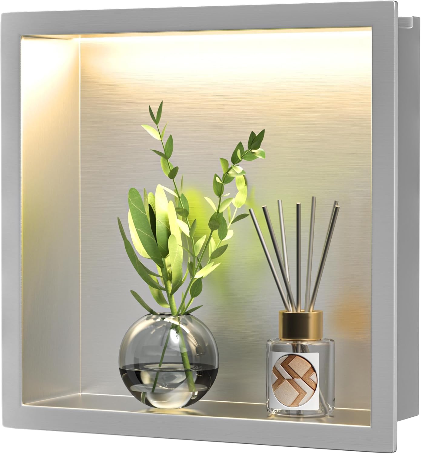 Bernkot Stainless Steel Shower Niche 300 mm x 300 mm Brushed with LED Light Waterproof No Tiles Required Wall Recess for Bathroom Storage via Mount Installation โ image 1