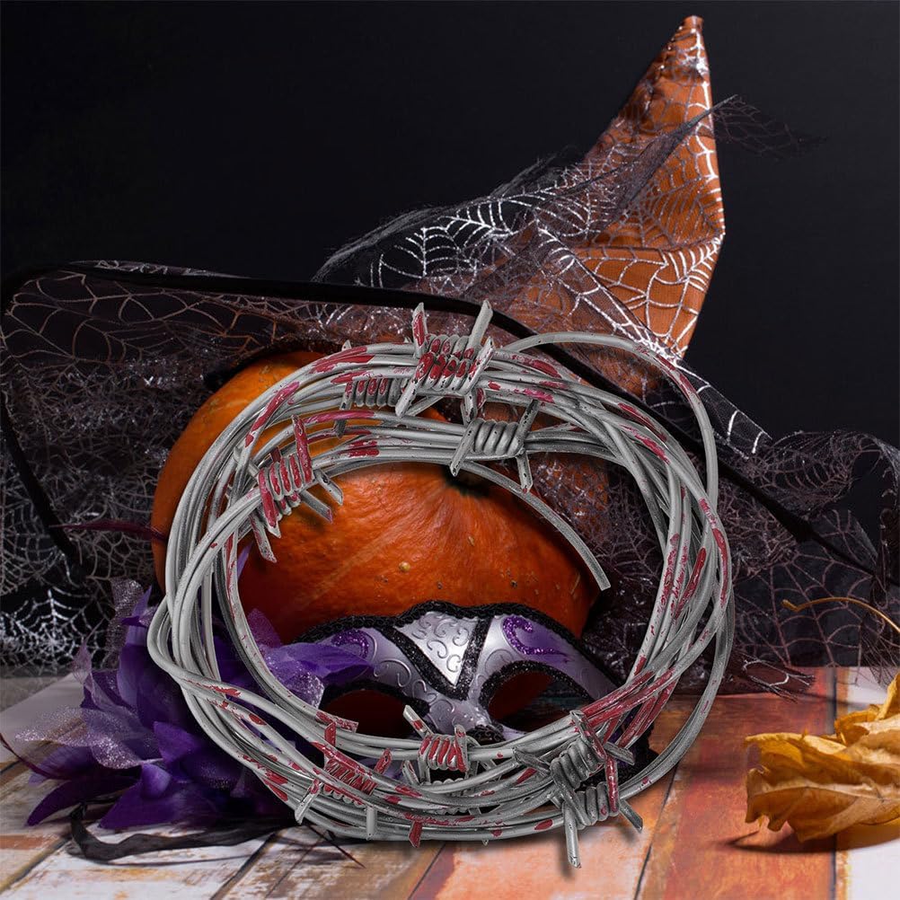 BESPORTBLE Fake Barbed Wire Props: 4pcs Rusted Plastic Barbwire Roll, Faux Wire Wreath Ornaments for Western Cowboy Cowgirl Party Halloween Horror Decor Sliver-red