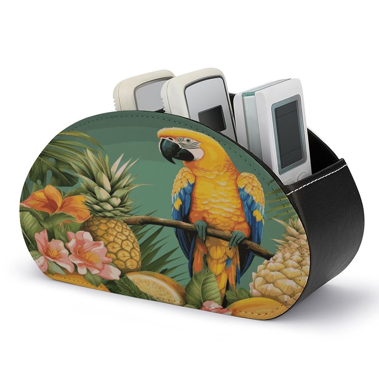 VstaDank Summer Parrot Pineapple Bird Remote Control Holder with 5 Compartments PU Leather Remote Caddy Desktop Organizer Store TV Remote Control Storage Box for Home Office Desk Nightstand