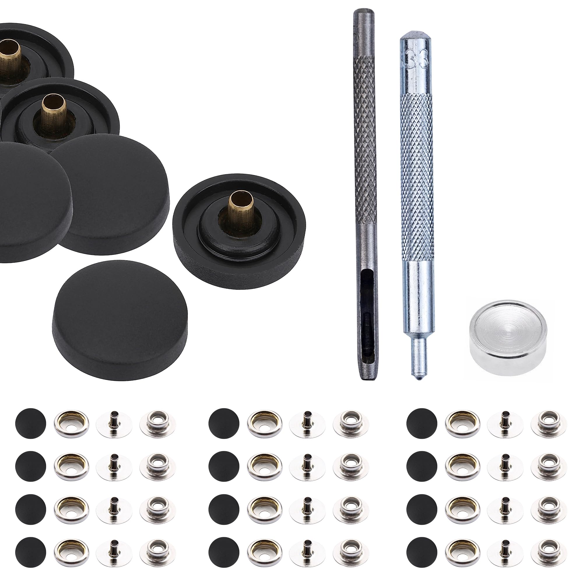 Boutons-pression 15 mm en métal argenté avec outils pour maroquinerie et vestes x100