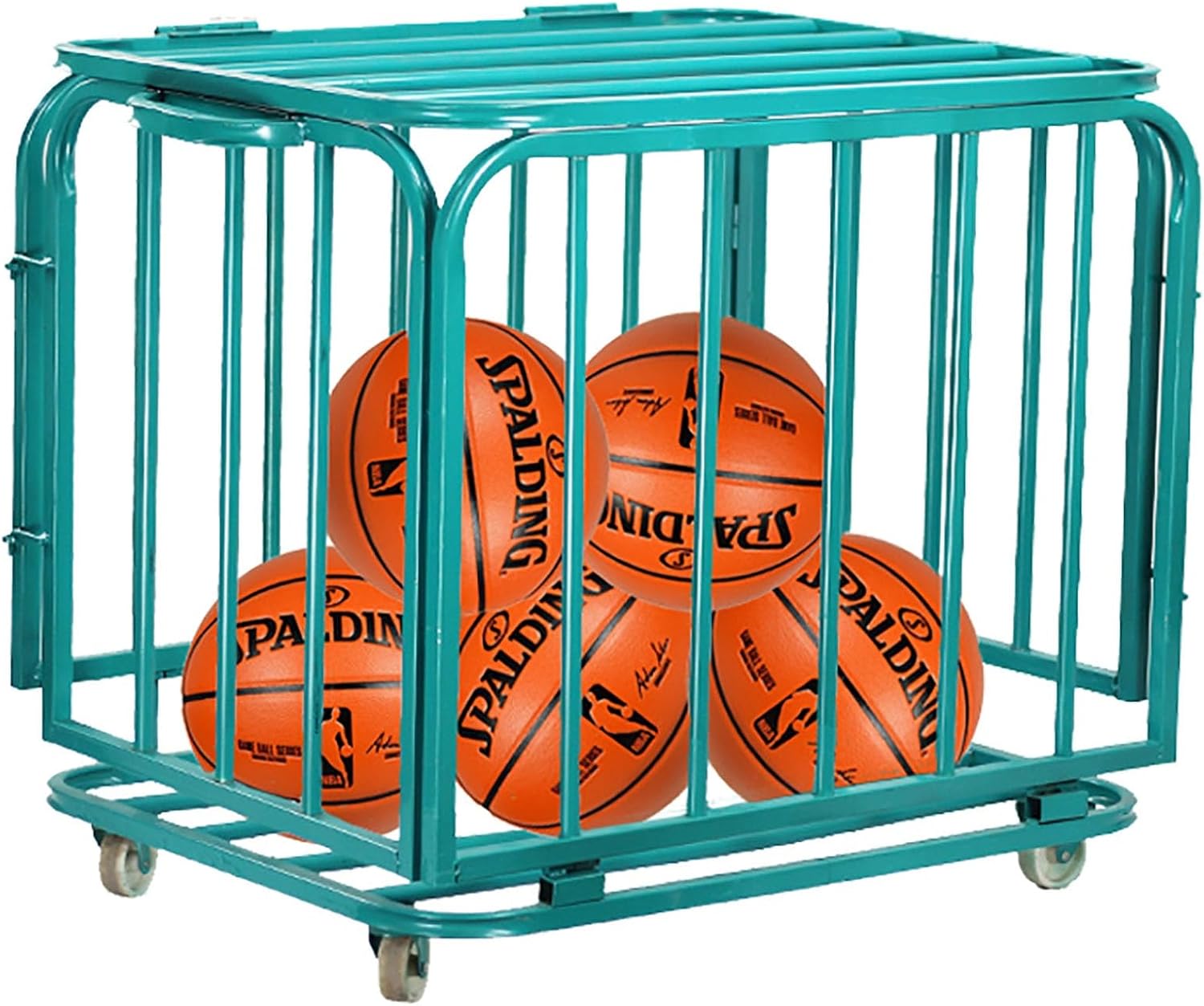 Large Capacity Ball Storage Cart, Heavy Duty Folding Sports Balls Cage/Lockable Lids Green Silver Stainless Steel Organizer Rack Bin/Jars, School Court Gym ( Color : Green , Size : L(35.4x31.5x31.5'')