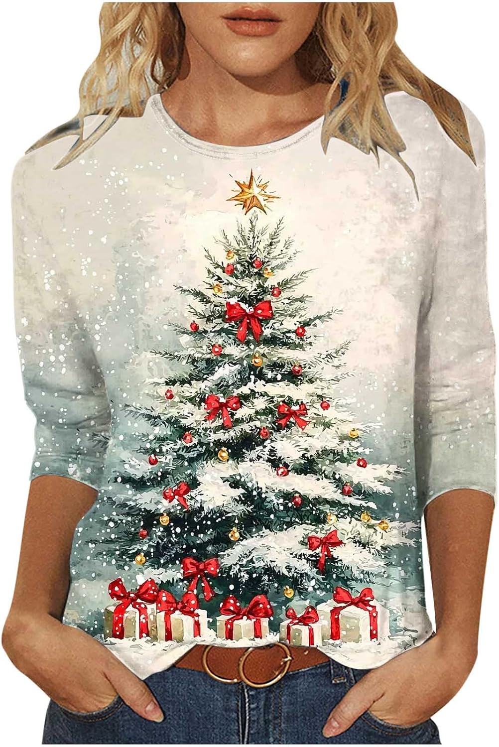 Christmas Shirts for Women Glitter Christmas Tree Blouses 3/4 Sleeve Crew Neck Vintage Xmas Tops Festival Party Tees