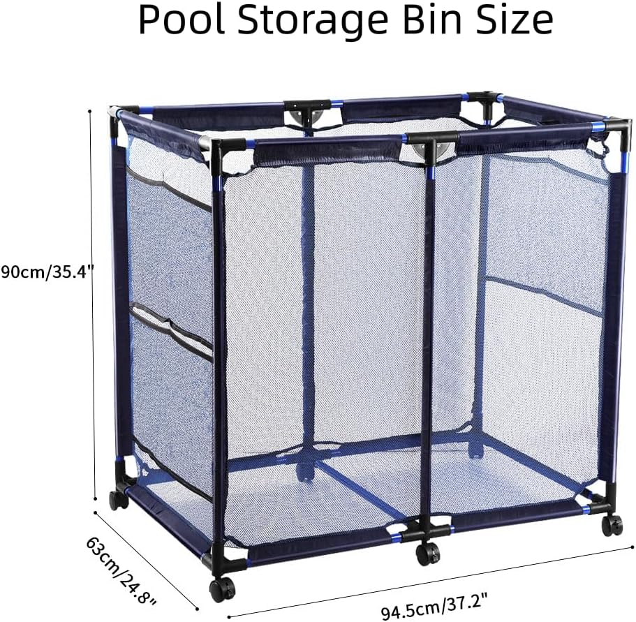 Pool Storage Cart Organizer with Nylon Mesh Basket, Rolling Storage Bin for Pool Accessories and Beach Towels Large Capacity, 2 Grids, 50" L x 30" W x 34" H, Blue image 2