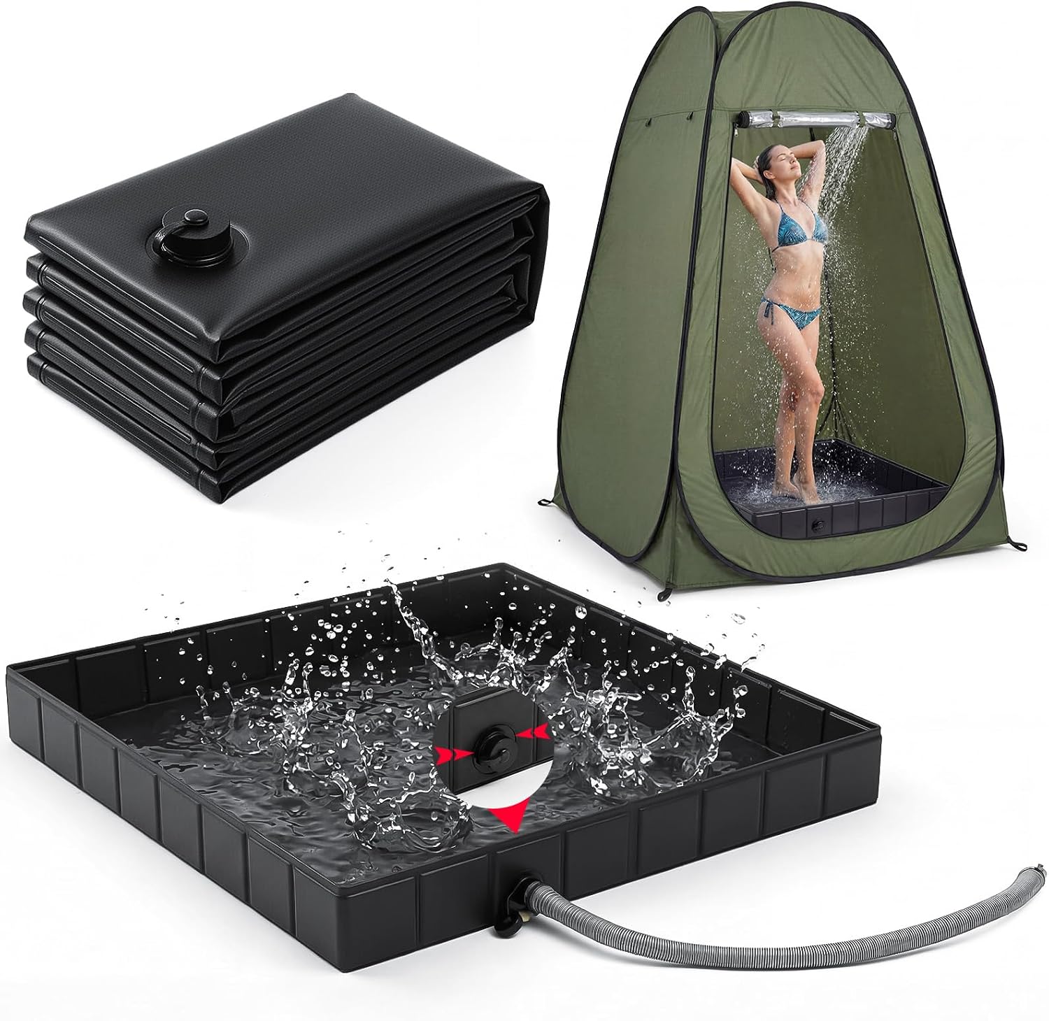 Glooglitter Portable Shower Pan Foldable Shower Base Outdoor Collapsible Showering Basin with Detachable Drain Pipe for Beach, Camping, Rv, Outdoor & Indoor Bath Floor