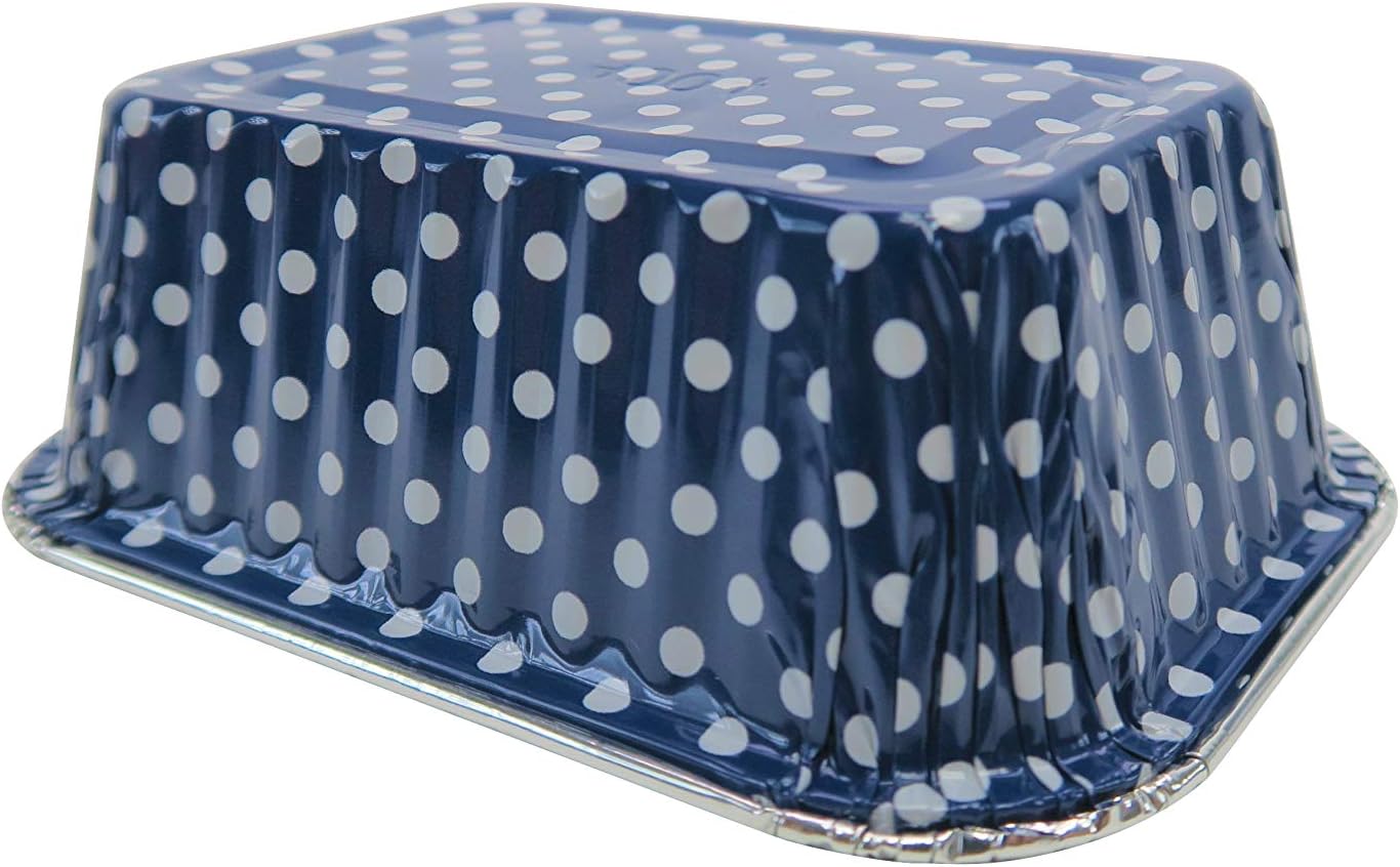 KitchenDance Disposable Aluminum Mini Loaf Pans without Lid - 6 Ounces Rectangular Individual Aluminum Foil Pan for Cakes, Cobblers - Oven Safe Aluminum Baking Pans, #4004 (Blue Polka Dot, 50) - Image 3