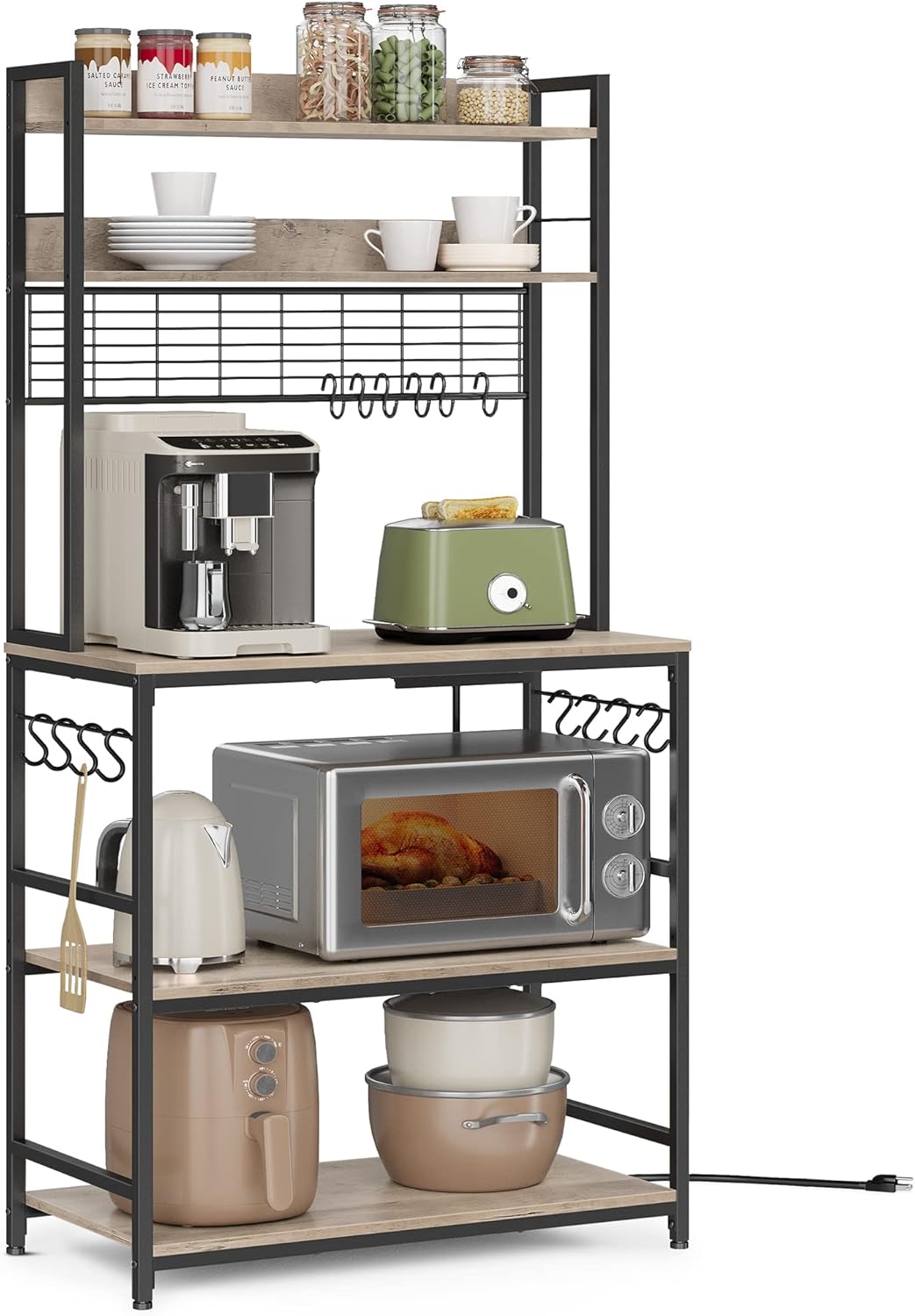 VASAGLE Hutch Bakers Rack with Power Outlet, 14 Hooks
