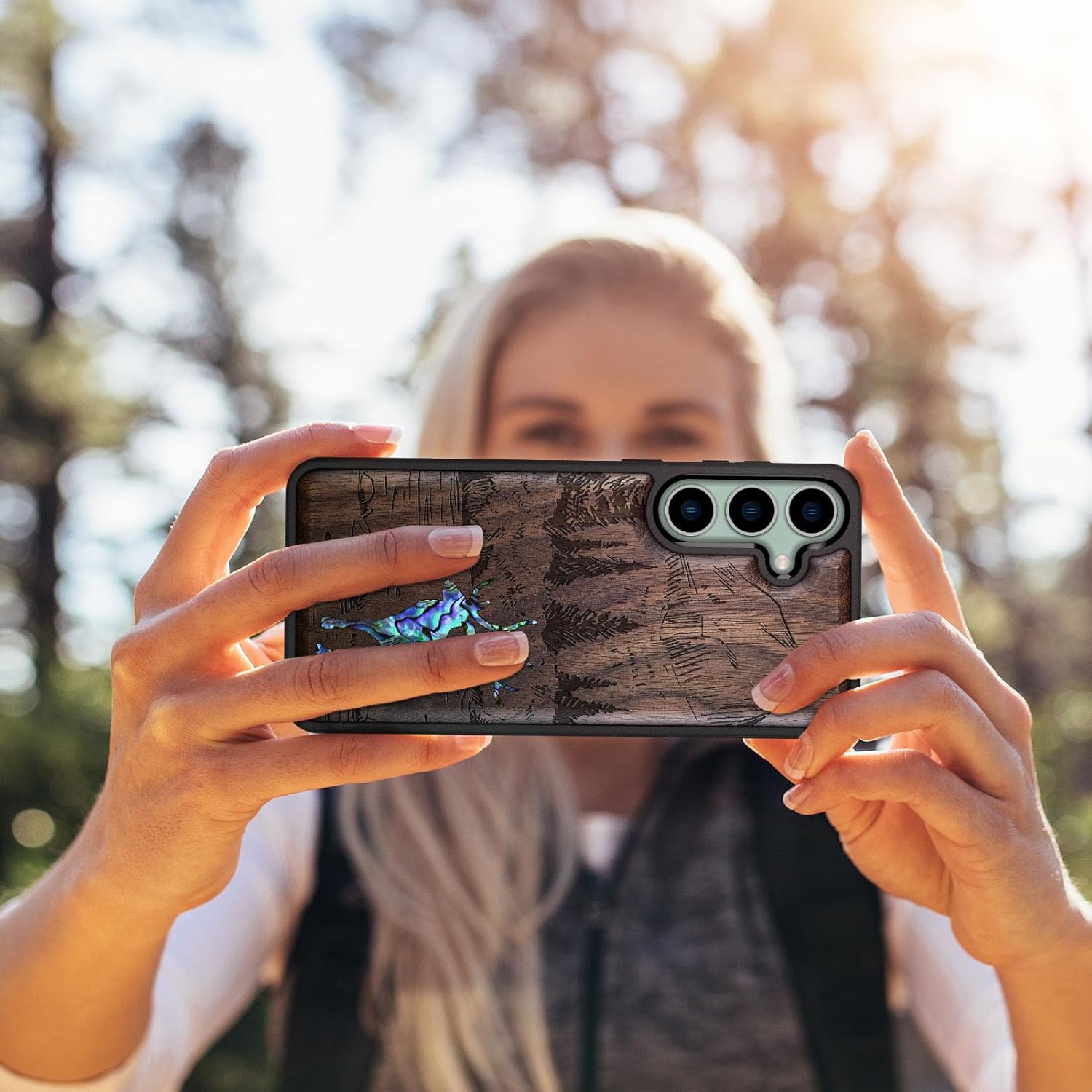 Carveit Designer Wooden Case for Samsung Galaxy S23 FE Cover [Wood Engraving & Shell Inlay] Compatible with Wireless Chargers S23 FE Case (Forest Deer-Walnut)