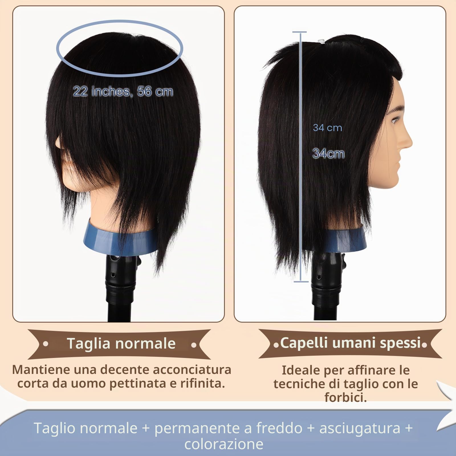Testa per Parrucchieri Uomo Capelli Veri 100% Manichino 35cm Nero Taglio di Capelli Maschile