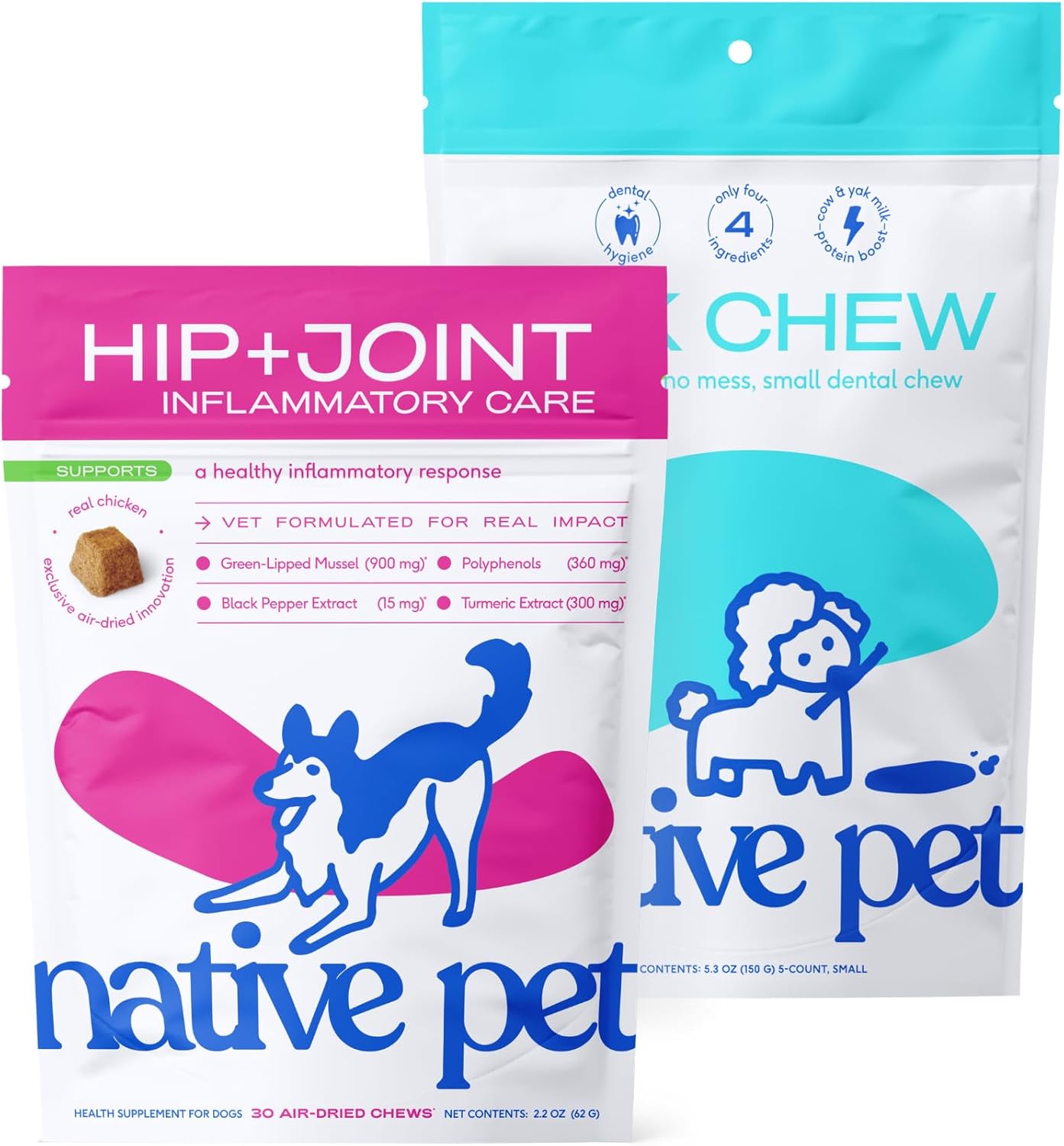 Native Pet Anxiety & Joint Relief Bundle: Relief Chews for Dogs (30 Air-Dried Chews) Yak Chews for Dogs (5 Small Chews) - Anti-Inflammatory for Strong Joints & Dental Sticks Made with Yak Cheese