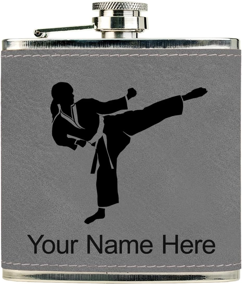Faux Leather Flask, Karate Woman, Personalized Engraving Included (Rustic)