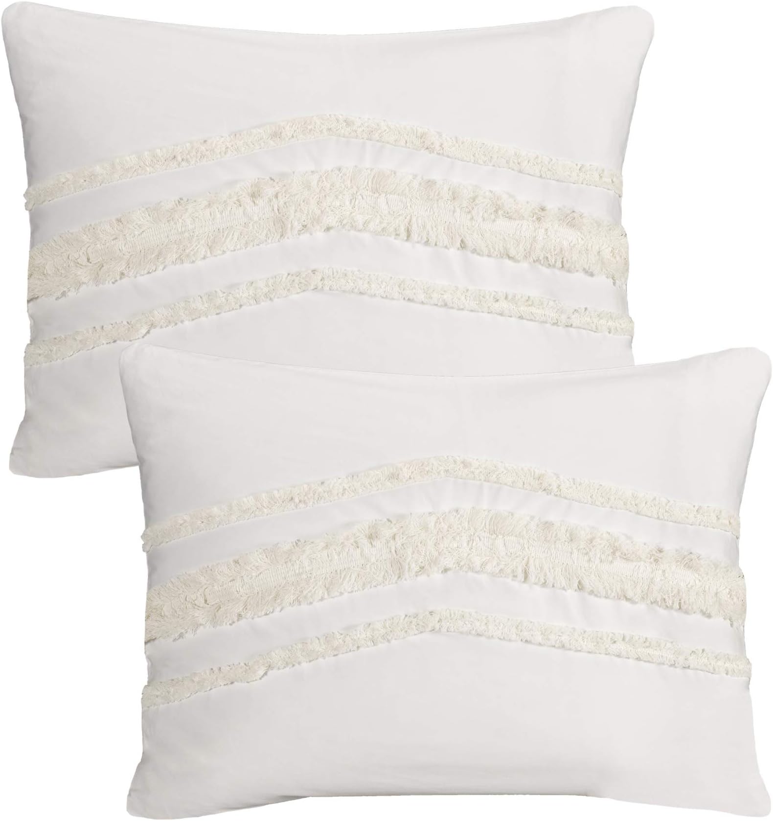 Minimalist Macrame Boho Chic Ivory Cream Set of 2 Pillow Cases Standard Queen Pillowcase Sham Cover Set for Bed Tufted Knotted Tassel Fringe Cotton Decorative Accent College Dorm Teen Home Room Decor