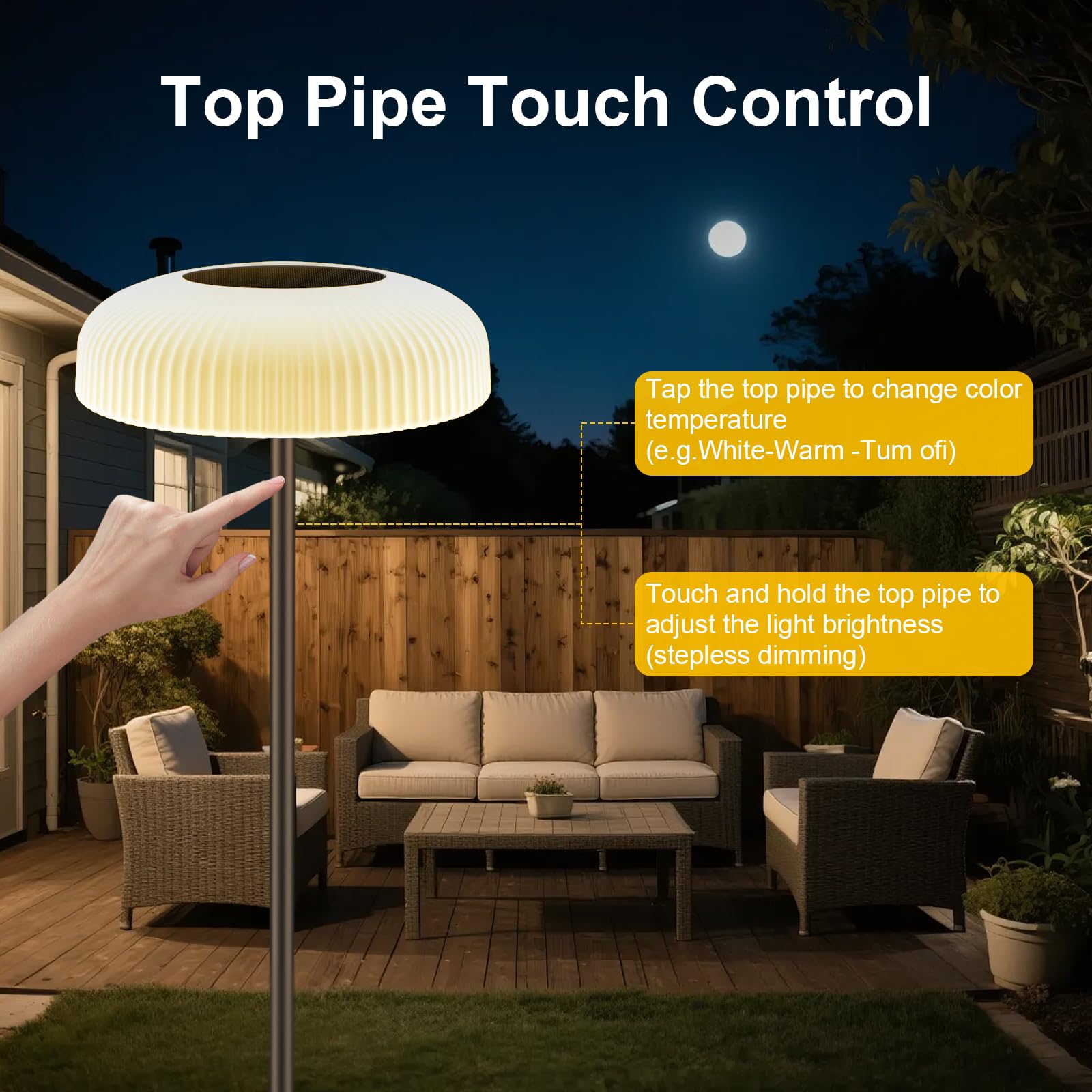 Lámpara Solar de Pie 150cm USB-C recargable, control por gestos, 10 brillos y 2 temperaturas (cálido/frío) IP65 resistente al agua – Jardín, terraza, camino