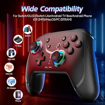 Switch Controller, Wireless Pro Controller for Switch/Lite/OLED/iPhone/Mac/iPad/iOS/Android/Phone/PC/Steam/TV,Bluetooth controllers with Programming/ 4 Vibration / 3 Turbo Modes/6-Axis/Motion/RGB