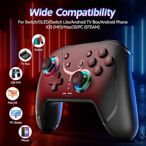Switch Controller, Wireless Pro Controller for Switch/Lite/OLED/iPhone/Mac/iPad/iOS/Android/Phone/PC/Steam/TV,Bluetooth controllers with Programming/ 4 Vibration / 3 Turbo Modes/6-Axis/Motion/RGB