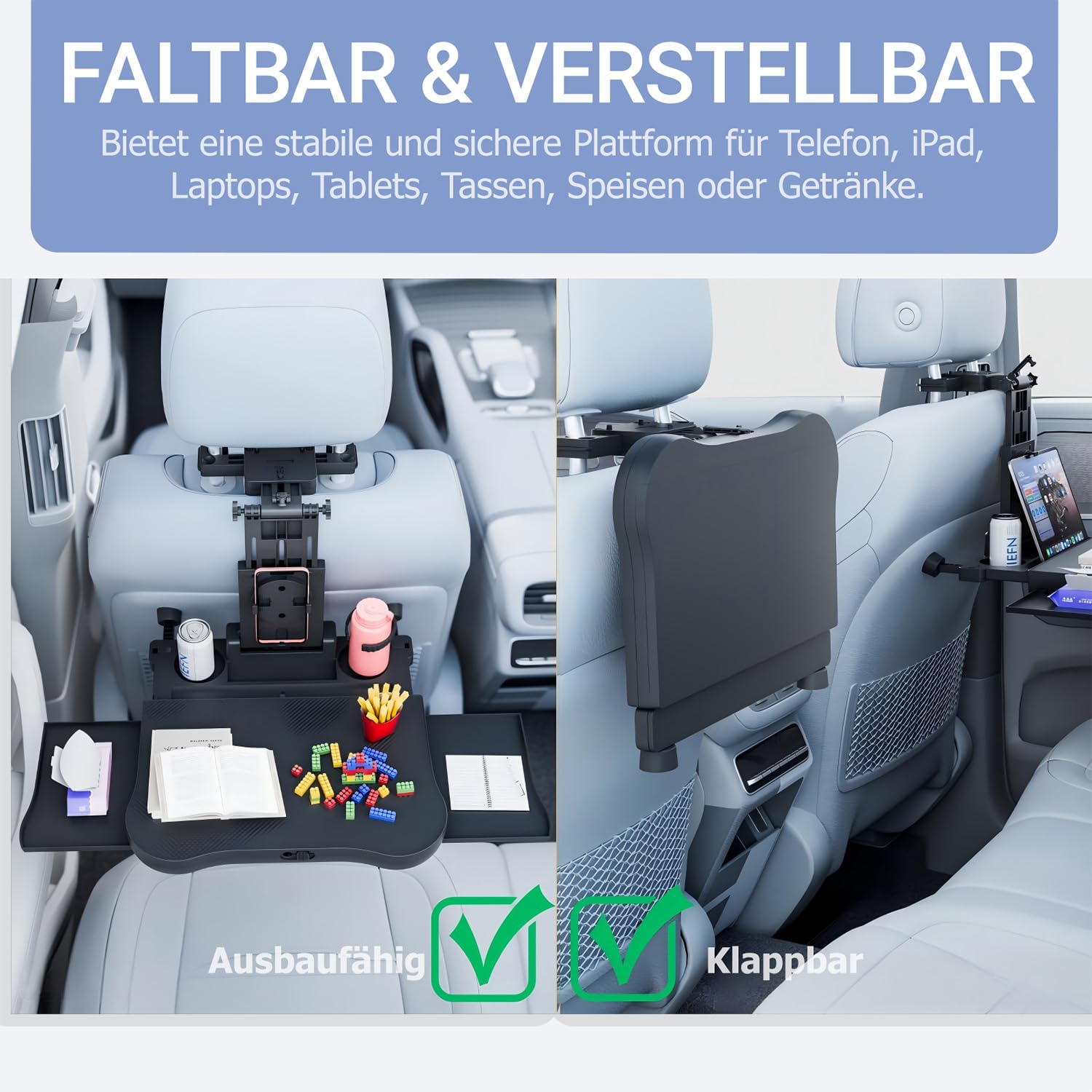 Tavolo da viaggio per sedile posteriore, per auto, bambini, adulti, scrivania con portabicchieri e supporto per cellulare, tavolo pieghevole regolabile in altezza con tappetino antiscivolo