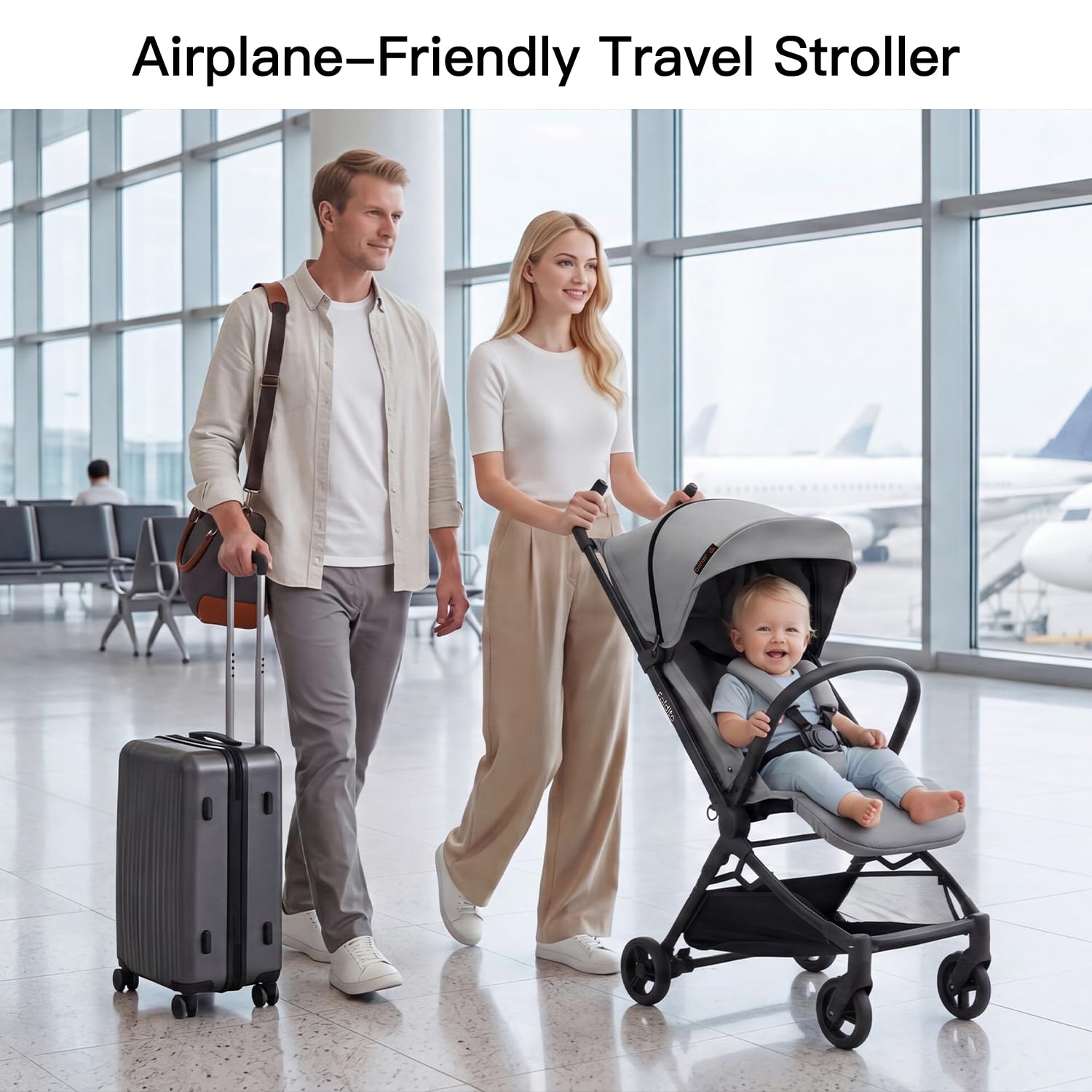 Gromast Passeggino da viaggio per aereo, ultra compatto e leggero, solo 4,5 kg, passeggino portatile per neonati, con tettuccio UPF 50+ e portabicchieri, grigio