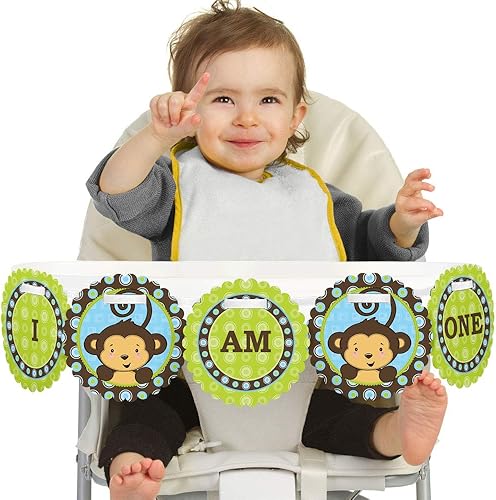 Miniatura 1 de Big Dot of Happiness Blue Monkey Boy 1rst Birthday Highchair Decor - I Am One - First Birthday High Chair Banner