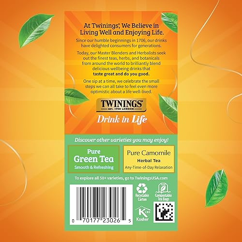 Vista 170 de Twinings, Pure Green Tea - Té verde con sabor suave y aroma atractivo con cafeína, disfruta caliente o helado, bolsas de té individuales