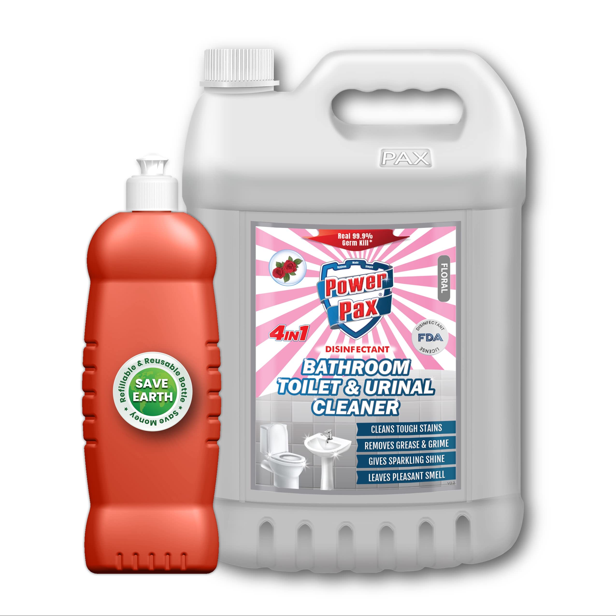 PowerPax Disinfectant Bathroom Cleaner (Floral), 5L With Easy Squirt Bottle
